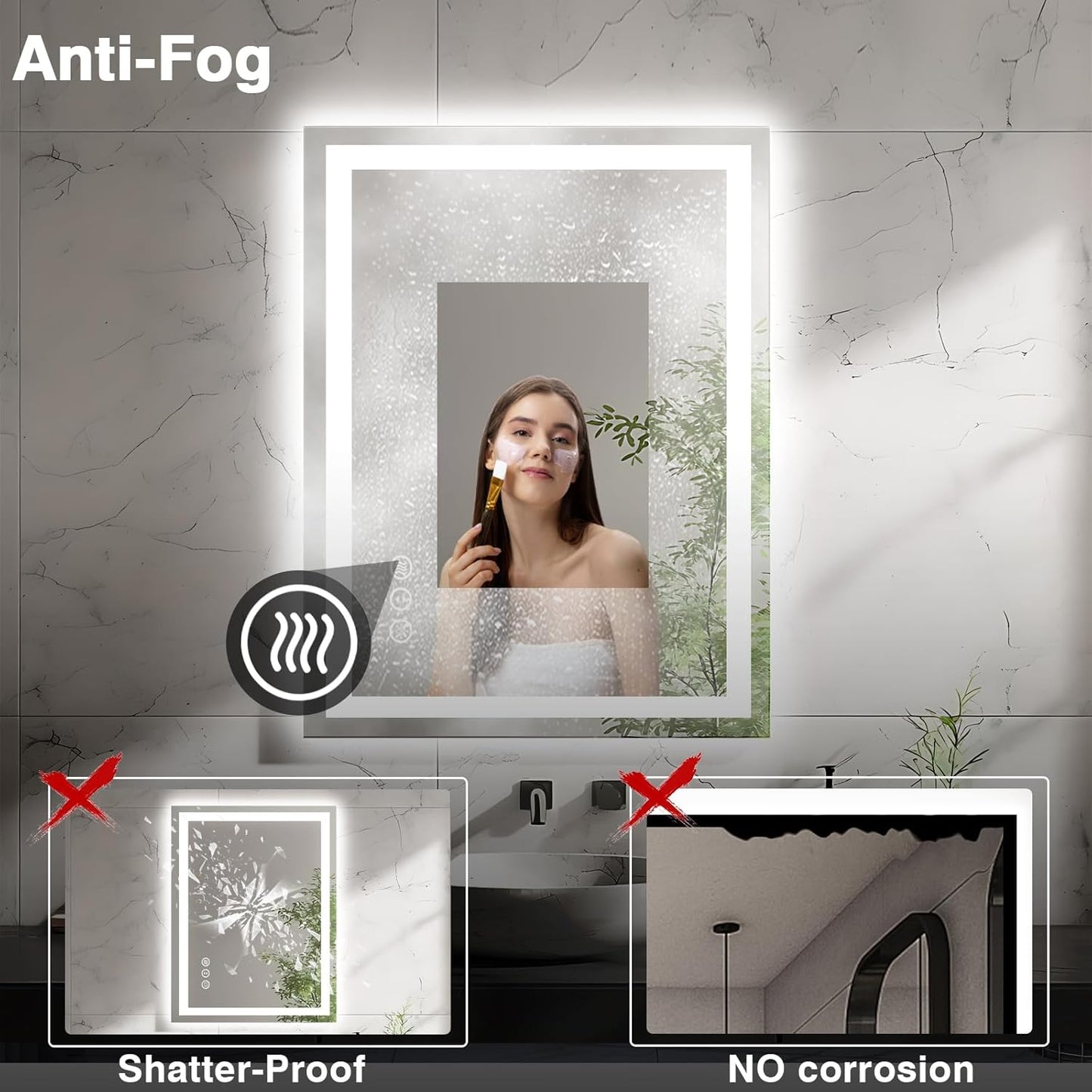 20"x28" LED Bathroom Mirrors for Wall, Front and Backlit Mirror, Anti-Fog Vanity Mirror with Lights, Stepless 3 Colors Dimmable Smart Lighted Mirror(Horizontal/Vertical)