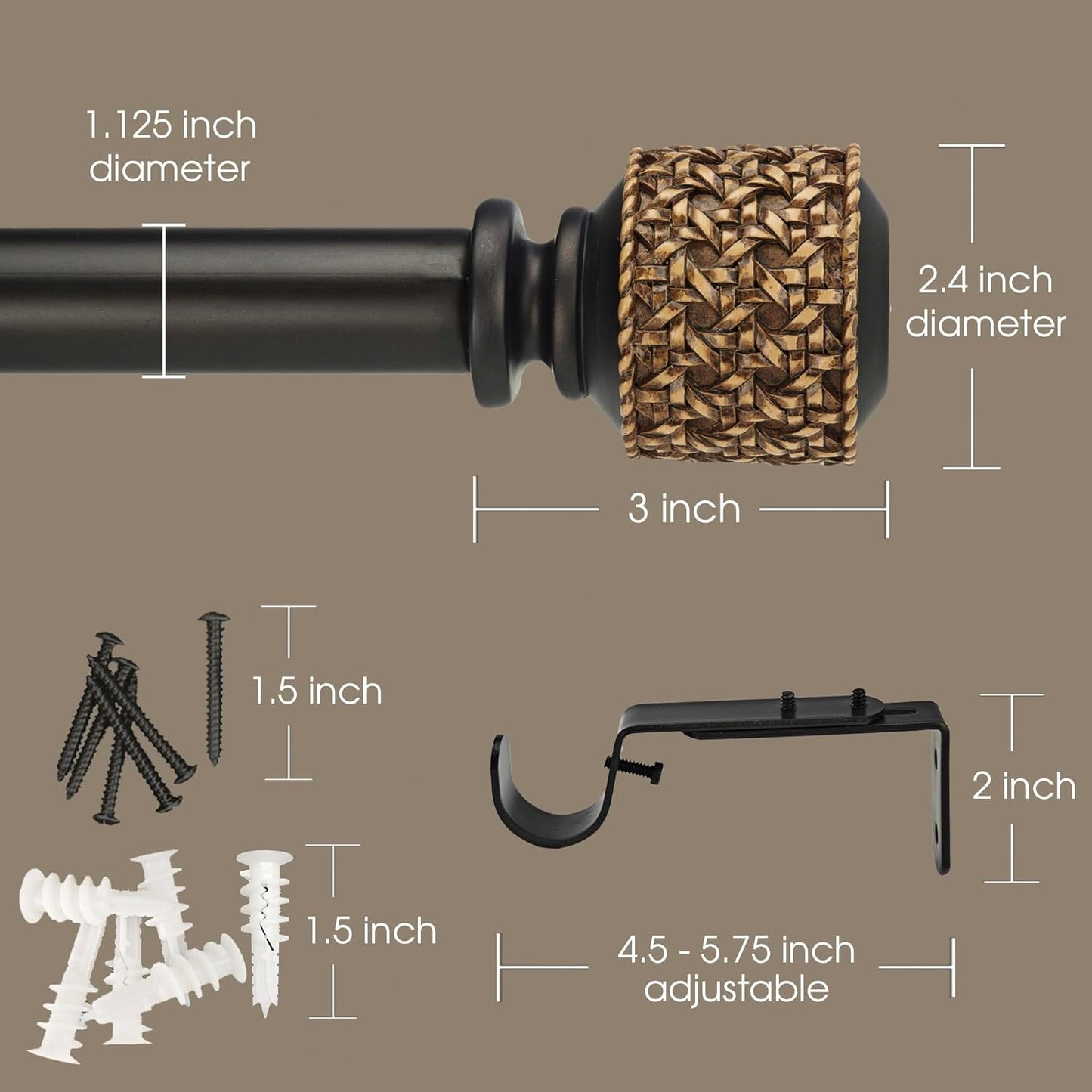1-1/8 Inch Diameter Dark Bronze Curtain Rods with Faux Rattan Cane Woven Finials, 36-72'' Telescoping Single Curtain Rods for window width 24-68 inch, 1 pack