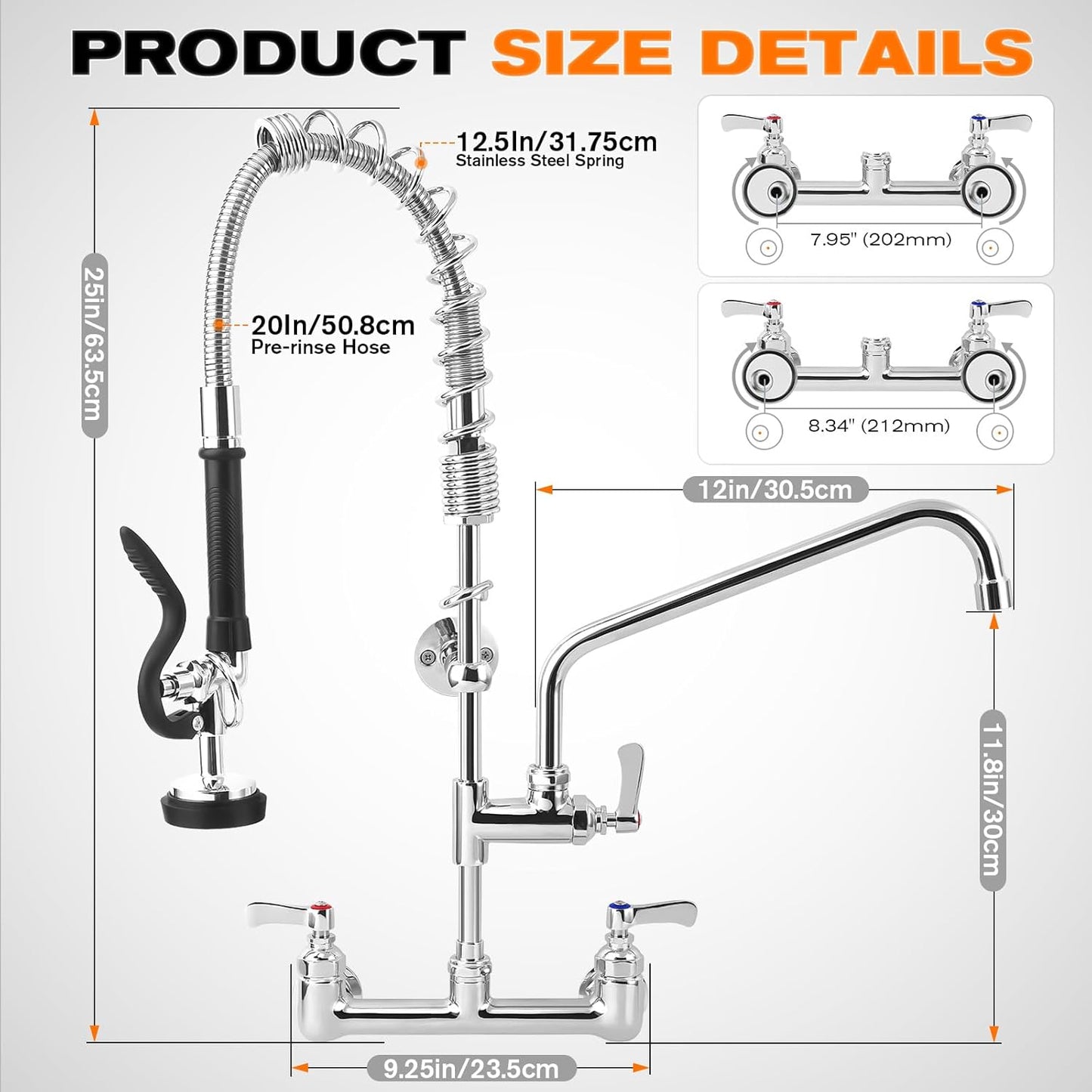 25" Height Commercial Faucet with Sprayer, 8" Adjustable Center & 12" Add-on Swing Spout, Wall Mount Pre Rinse Commercial Sink Faucet for Commercial Restaurant Industrial Kitchen (Chrome)
