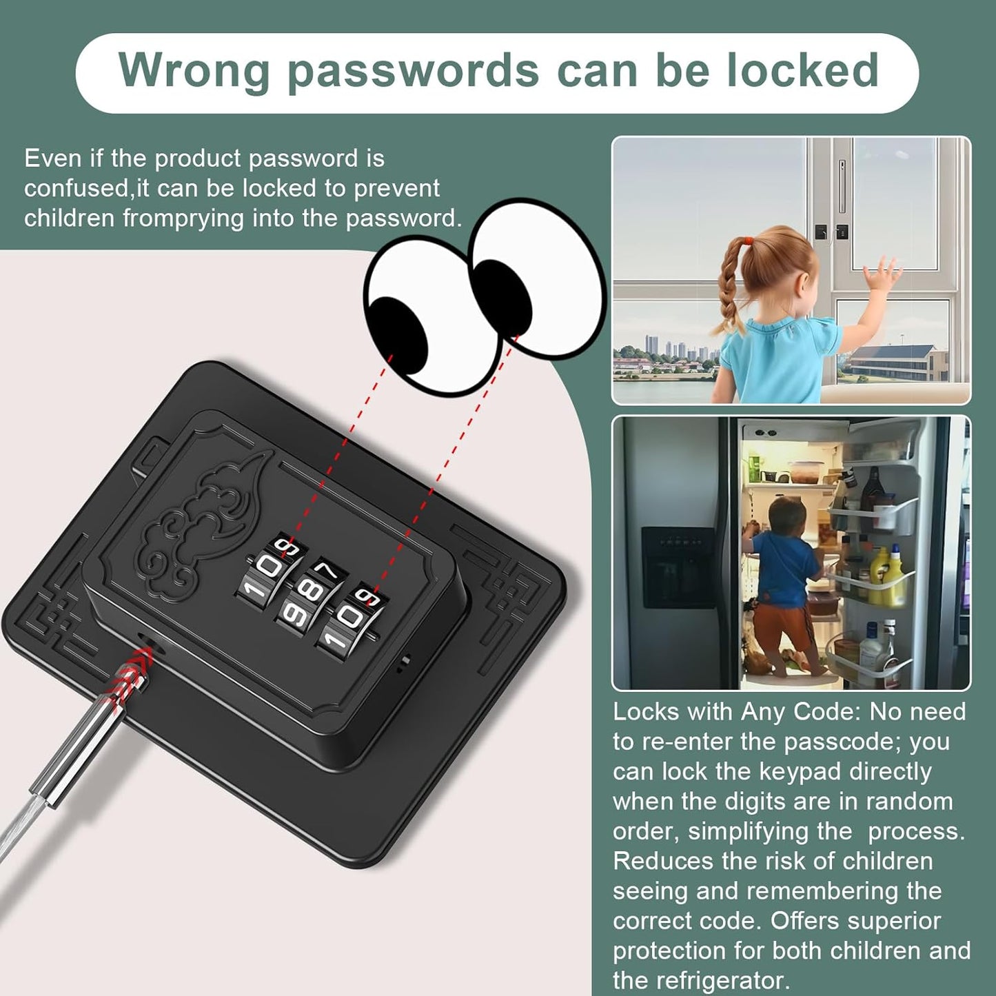 2-Pack Password Refrigerator Lock, Combination Child Proof Safety Lock,Baby Proofing fridge lock,Door Latches for Fridge Cabinet Drawer Closet, Freezer Lock No Keys Needed (Black)