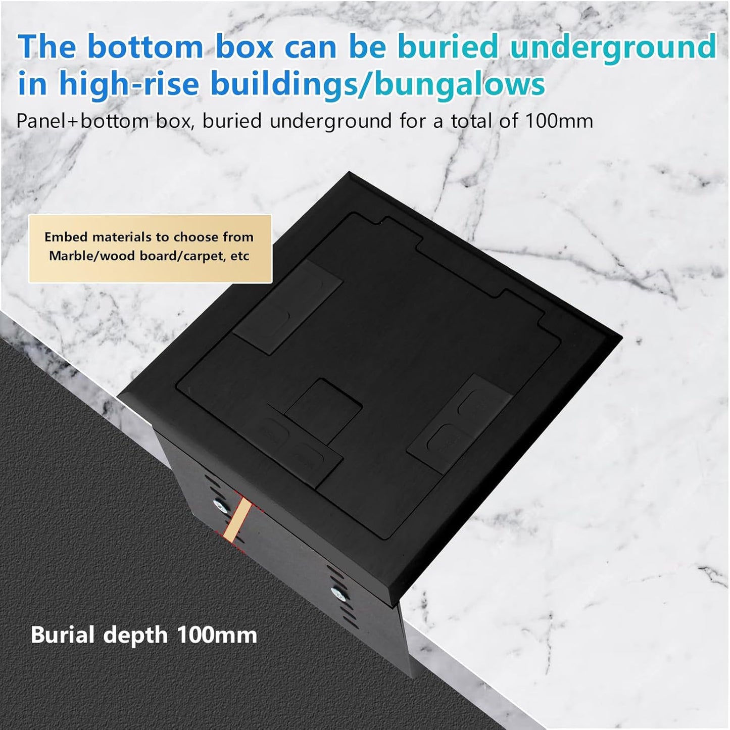 KYHSHJ Recessed Flat Hidden Socket Kit with 2 * 20A Receptacle,4.8A*2 USB-A Ports +3-Port RJ45 Datacom Receptacle. Internal Height Adjustable,Corrosive Resistant Hardware,Black