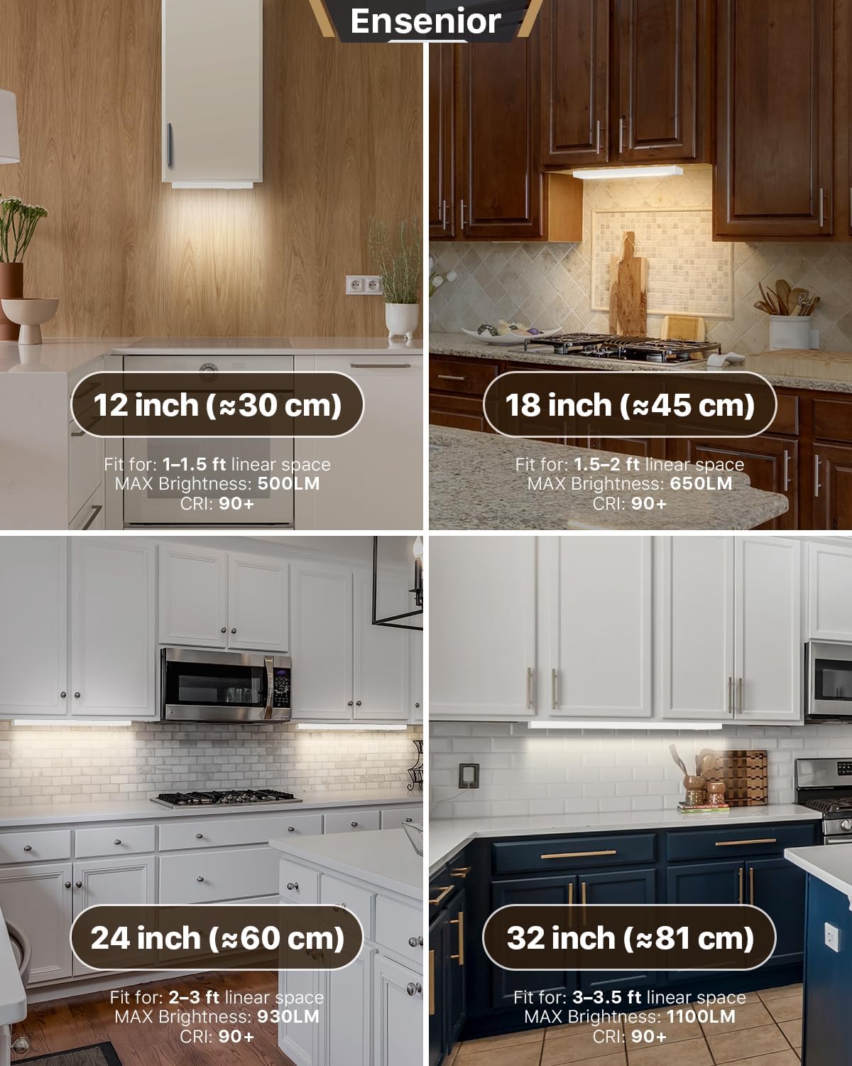 Ensenior 12 Inch LED Under Cabinet Lighting Hardwired or Plug-in Installation, 5CCT Color Selectable - 2700K/3000K/3500K/4000K/5000K, Dimmable Under Counter Lights for Kitchen, FCC, 120V, 8W 500LM
