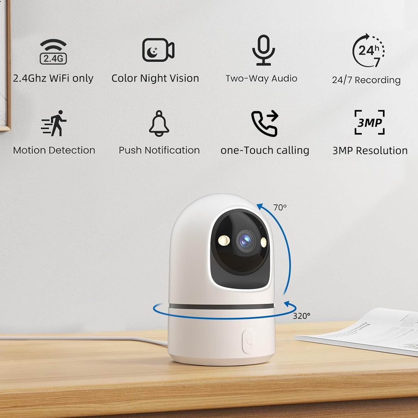 2K Indoor Security Camera, 360° WiFi Cameras for Home Security, Baby/Pet Camera with Phone App, One-Touch Call, Auto Tracking, IR Night Vision, Motion Detection, 2.4Ghz WiFi (2 Pack)