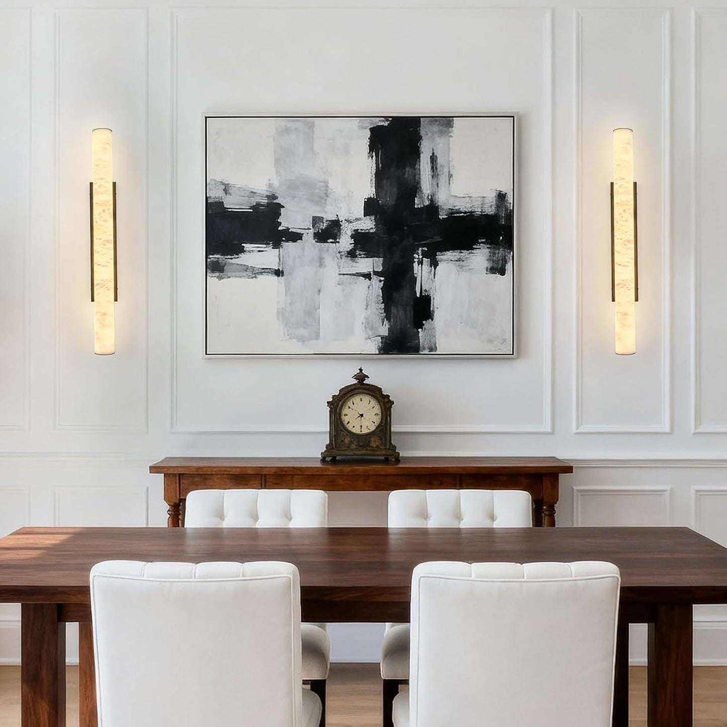 LMQNINE Natural Alabaster Wall Sconces Spanish Marble Wall Light Cylinder Modern Black LED Sconce for Living Room Bedroom Bathroom Stairs(L-1Pack)