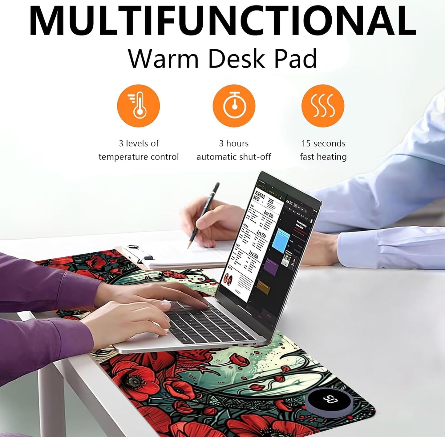 Heated Mouse Pad with 3 Levels Heated & 3 Hours Auto Shut-Off Mouse Pad for Warming Hands in Office Home, 31.5" x 13"Large Safe Desk Mat Hand Warmer,Girl White Fox