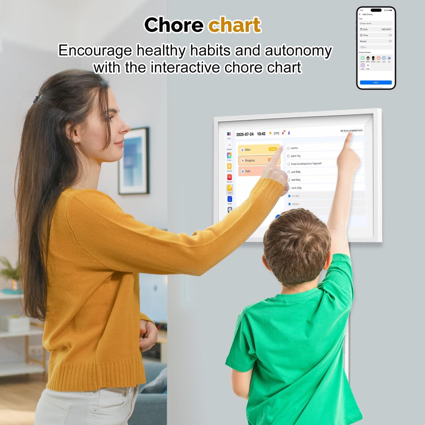 15.6 Inch Digital Calendar Wall Touch Screen Chore Chart, 64GB Electronic Calendar + 1080 FHD Smart Family Planner, Wall and Desk Mountable
