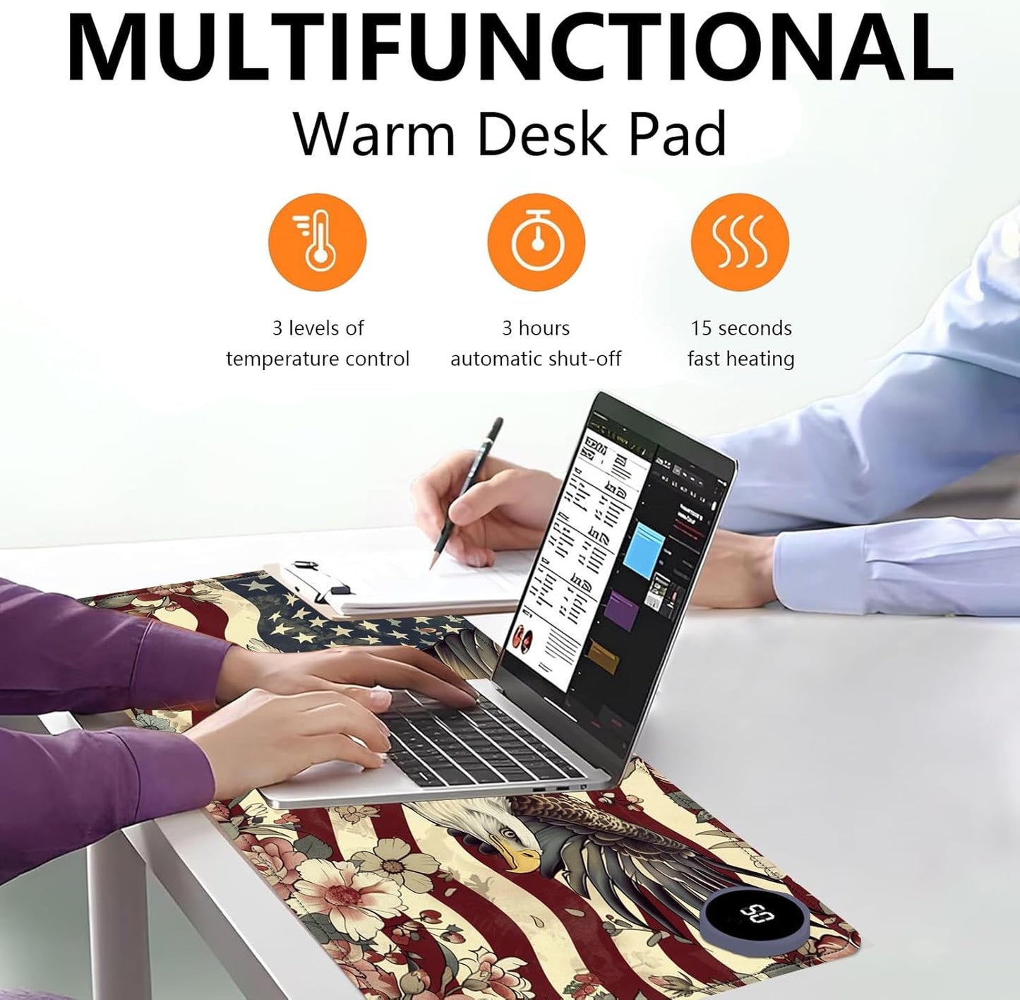 Heated Mouse Pad with 3 Levels Heated & 3 Hours Auto Shut-Off Mouse Pad for Warming Hands in Office Home, 23.6" x 14.2"Large Safe Desk Mat Hand Warmer,Flying Eagle Flag Flowers