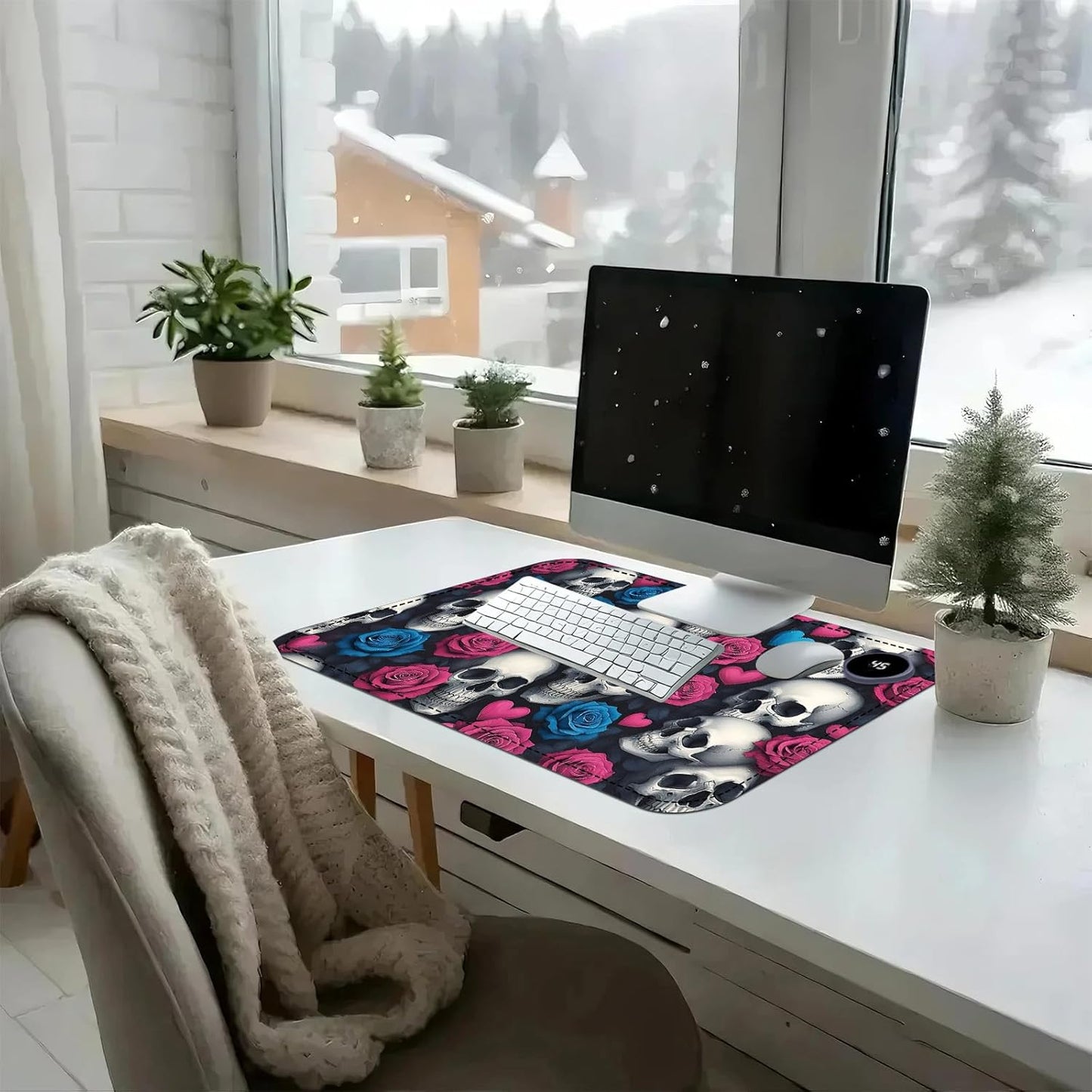Heated Mouse Pad with 3 Temperature Settings(104°F–122°F),Large 24x14.2 Inch PU Leather Heated Desk Mat,Waterproof Warming Pad for Office,Gaming & Cold Hands Relief,Skeleton Skulls Flower