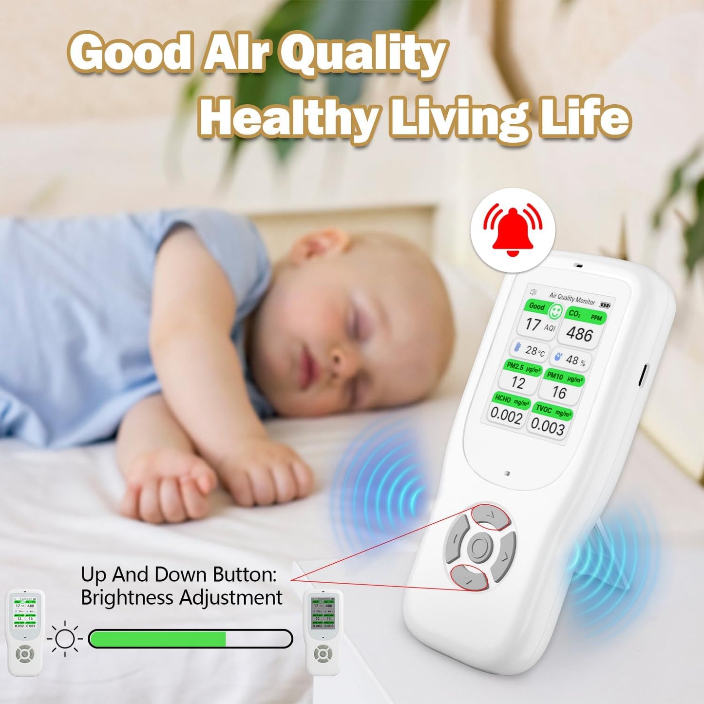 11-in-1 Air Quality Monitor - Portable Indoor Air Quality Detector with Stand, Real-Time Test for AQI, CO2, PM2.5, PM1.0, PM10, TVOC, HCHO, Particles, Humidity & Temperature