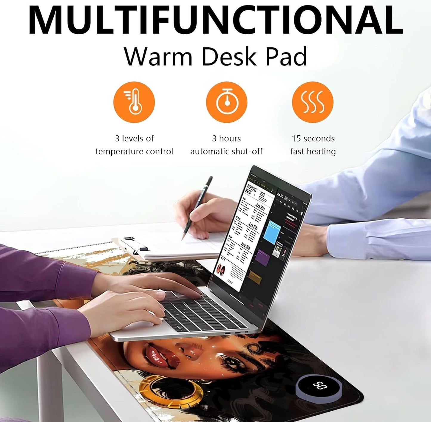 Heated Mouse Pad with 3 Levels Heated & 3 Hours Auto Shut-Off Mouse Pad for Warming Hands in Office Home, 23.6" x 14.2"Large Safe Desk Mat Hand Warmer,Girl with Short Hair