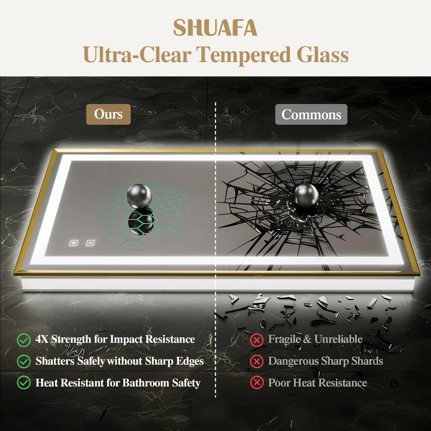 28X36 Inch LED Bathroom Mirror with Lights, Gold Frame Frontlit+ Backlit Bathroom Vanity Mirror for Wall, Ultra-Clear Tempered Glass, Shatter-Proof, Anti-Fog and Memory Function, ETL Listed