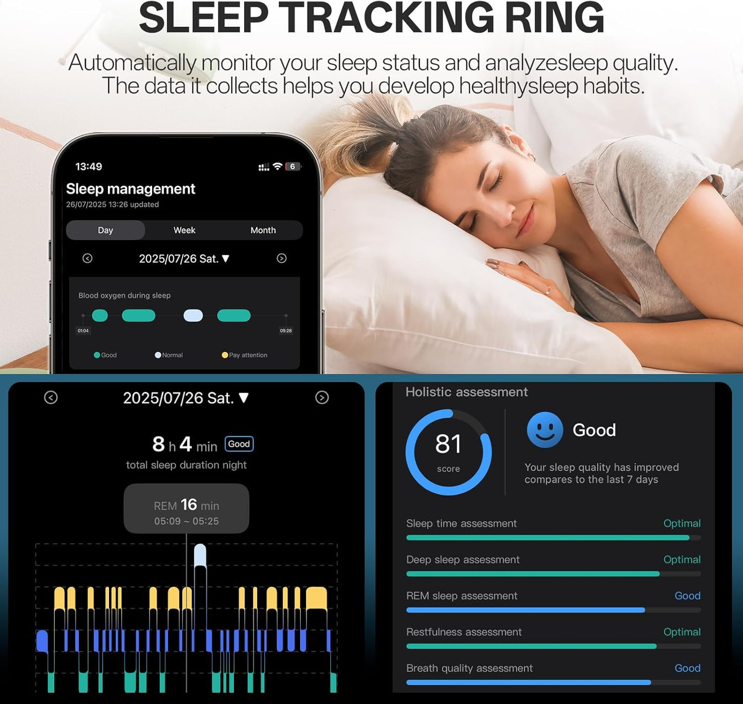 Smart Ring with Vibration Alerts, health tracker ring with Body Temperature Monitor, Heart Rate, Sleep & Fitness Tracking, Waterproof Activity Ring for Men & Women, No App Fees (Rose Gold, 6#)