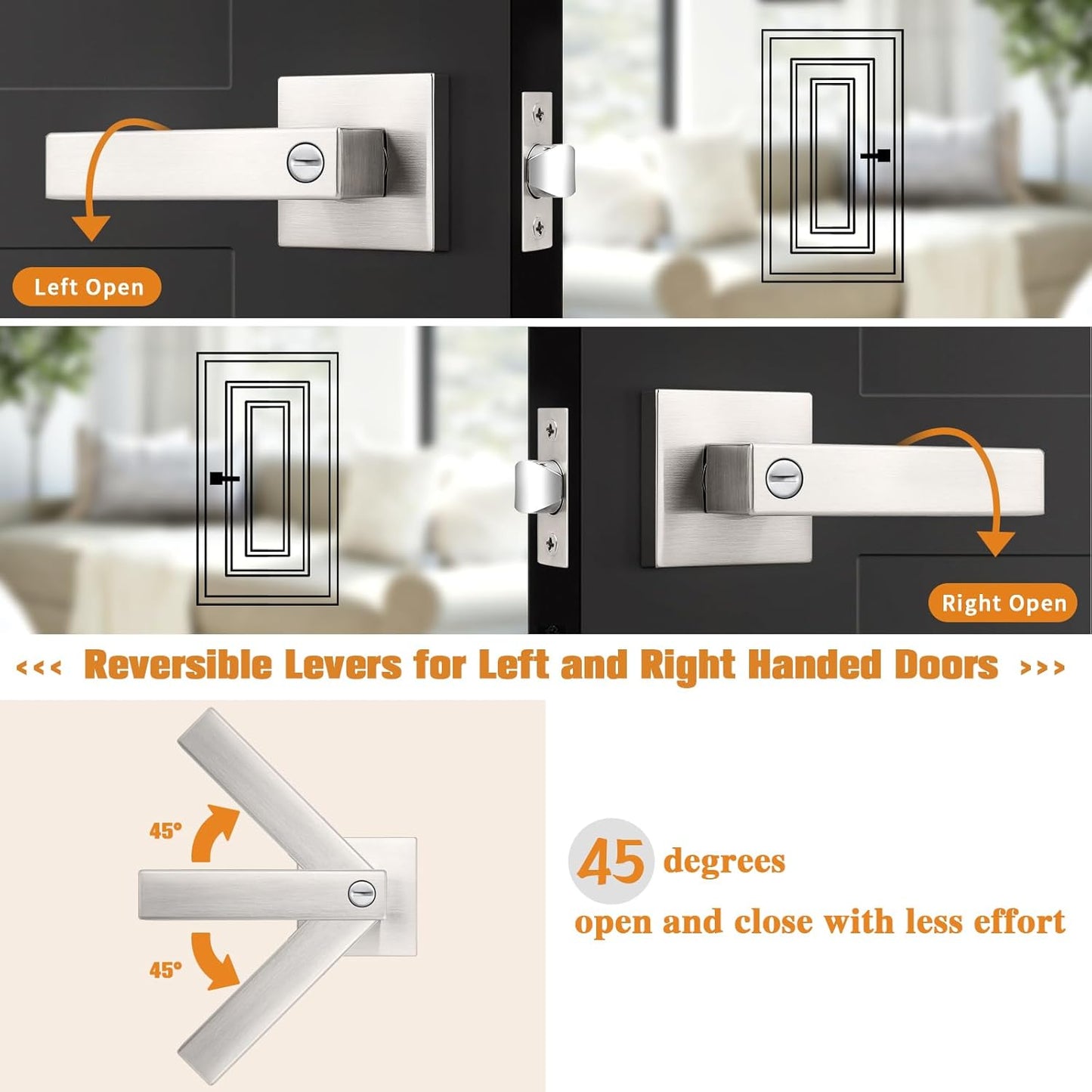 Probrico Interior Brushed Nickel Door Handle, Heavy Duty, Flat Square Privacy Door Handles, Keyless Door Levers Lockset for Bedroom and Bathroom (3 Pack, Modern)