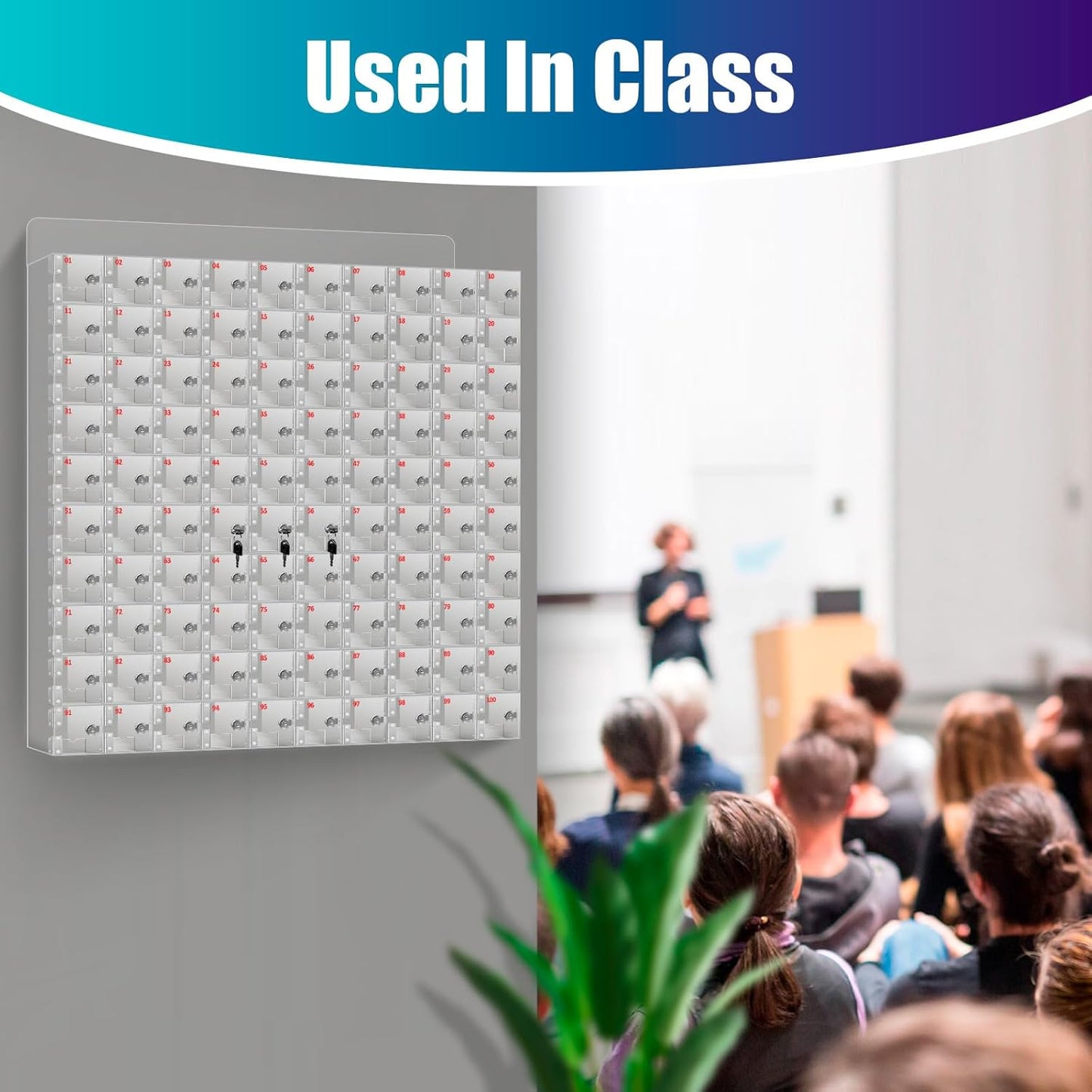 100 Slots Clear Acrylic Cell Phone Locker Box Wall-Mounted with Keys, Lockable Secure Storage Cabinet for Classroom Office Gym, Multi-Use Phone Lock Organizer for Employees Students (Large)
