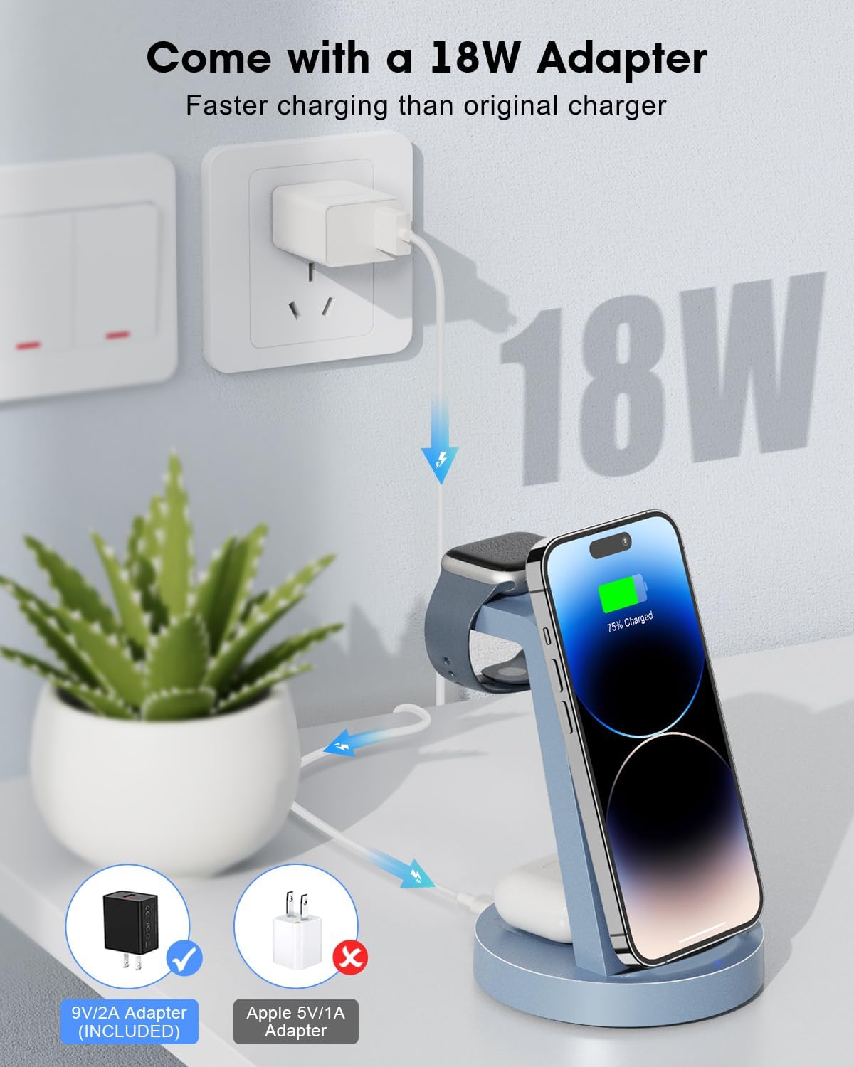 3 in 1 Charging Station for Apple Device, Wireless Charger for iPhone 16 15 14 13 12 11 Pro Max & Apple Watch iwatch- Charging Stand Dock for AirPods