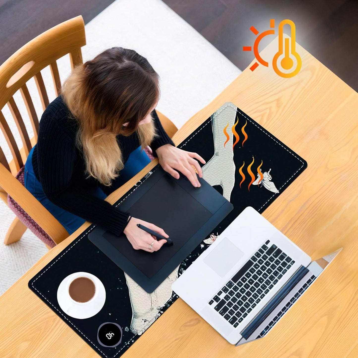 Heated Mouse Pad 31.5x13 in 3-Temp Fast Heating Desk Mat with Auto Timer Warmer for Hands Wrist Pain Relief Waterproof Keyboard Mat for Office, Gaming, Home, Butterfly Hands Art