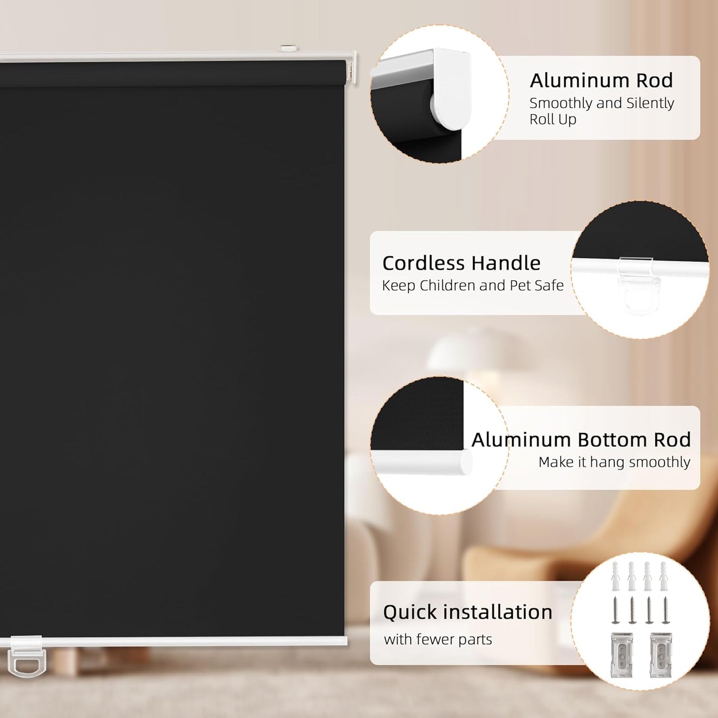 ChrisDowa Cordless Blackout Roller Shades for Windows, Thermal Insulated UV Protection Pull Down Shades, Total Blackout Window Blinds for Home, Office, Bedroom, Door (23" W x 72" H, Black)