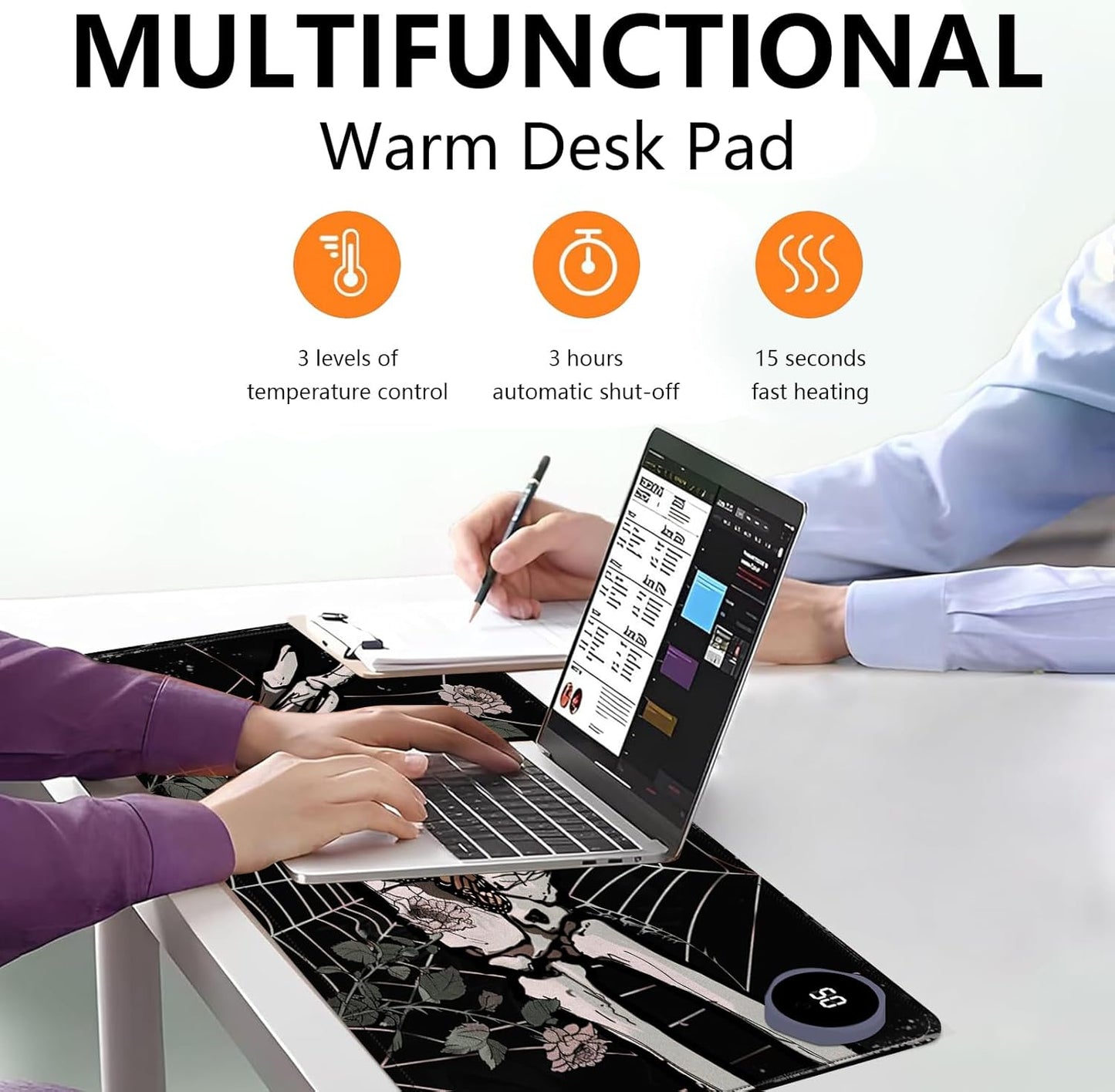 Heated Mouse Pad with 3 Levels Heated & 3 Hours Auto Shut-Off Mouse Pad for Warming Hands in Office Home, 31.5" x 13"Large Safe Desk Mat Hand Warmer,Skeleton Hand Spider Web