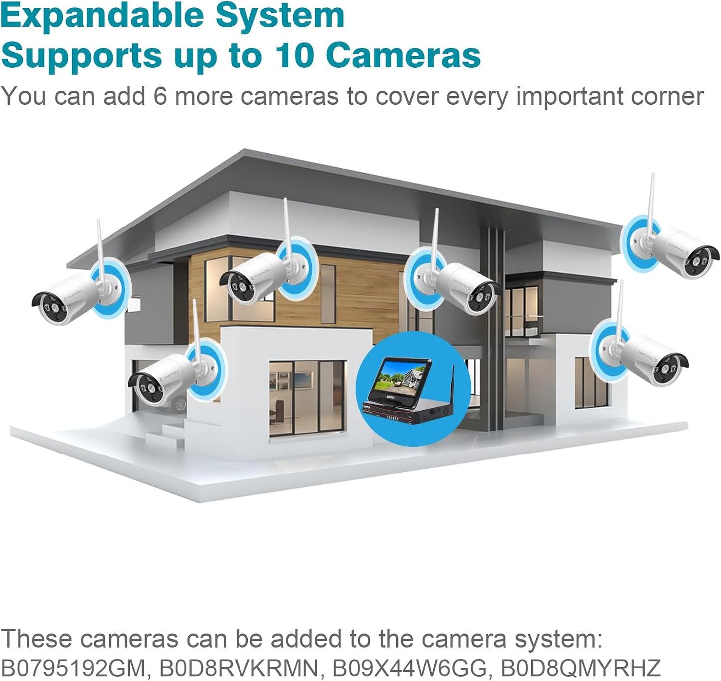 10CH Expandable Wireless Security Camera System with 10.1" Monitor 4pcs 5MP Indoor Outdoor Camera 1-Way Audio Night Vision Motion Detection Home Business CCTV Surveillance 1TB HDD