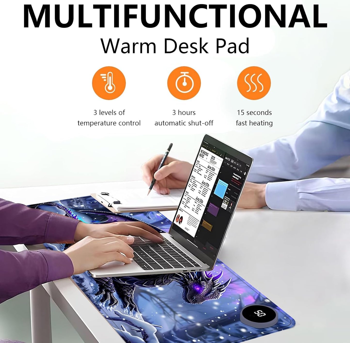 Heated Mouse Pad with 3 Levels Heated & 3 Hours Auto Shut-Off Mouse Pad for Warming Hands in Office Home, 31.5" x 13"Large Safe Desk Mat Hand Warmer,Purple Flying Dragon
