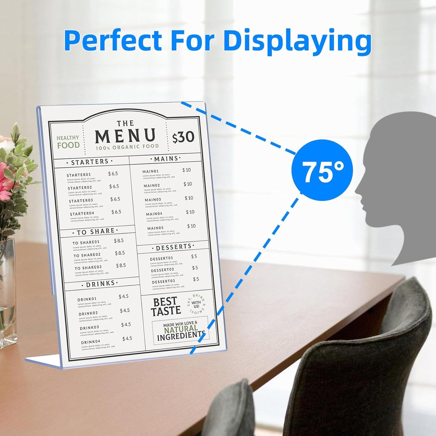 12 Pack Acrylic Sign Holder 8.5 x 11, Clear Plastic Display Stands for Tabletop, L-Shape Acrylic Stands for Flyers, Documents, Office, Restaurants, Vertical Sign Holder 8.5x11 for Desktop