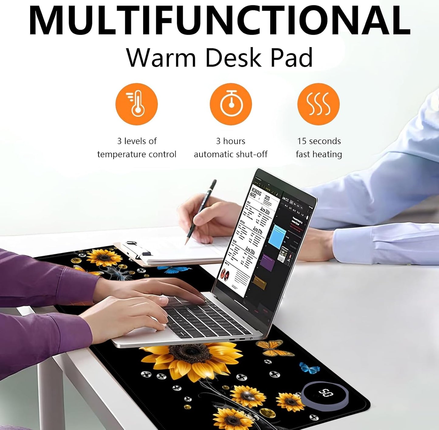 Heated Mouse Pad with 3 Levels Heated & 3 Hours Auto Shut-Off Mouse Pad for Warming Hands in Office Home, 23.6" x 14.2"Large Safe Desk Mat Hand Warmer,A River of Flowers