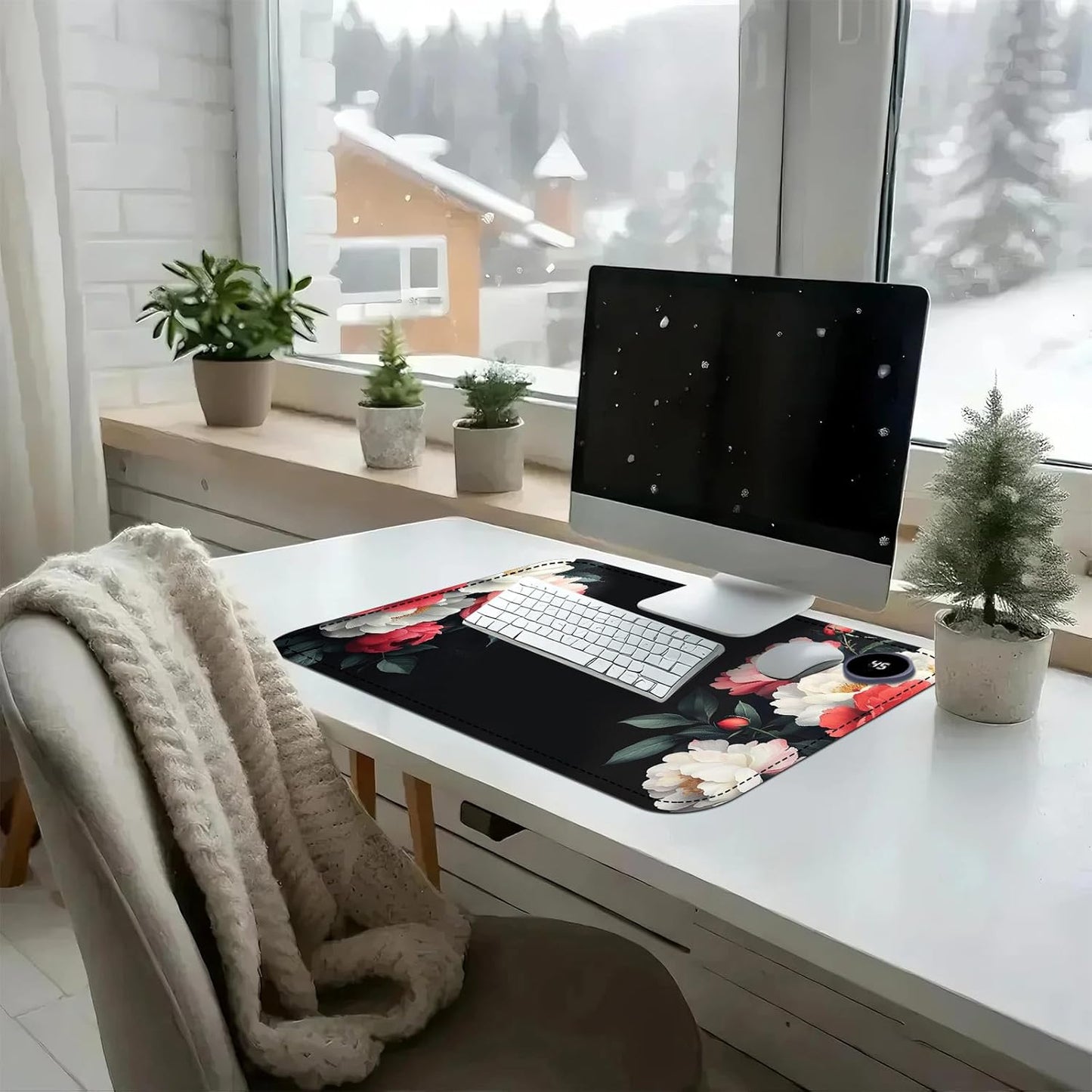 Heated Mouse Pad with 3 Temperature Settings(104°F–122°F),Large 24x14.2 Inch PU Leather Heated Desk Mat,Waterproof Warming Pad for Office,Gaming & Cold Hands Relief,Vintage Flowers