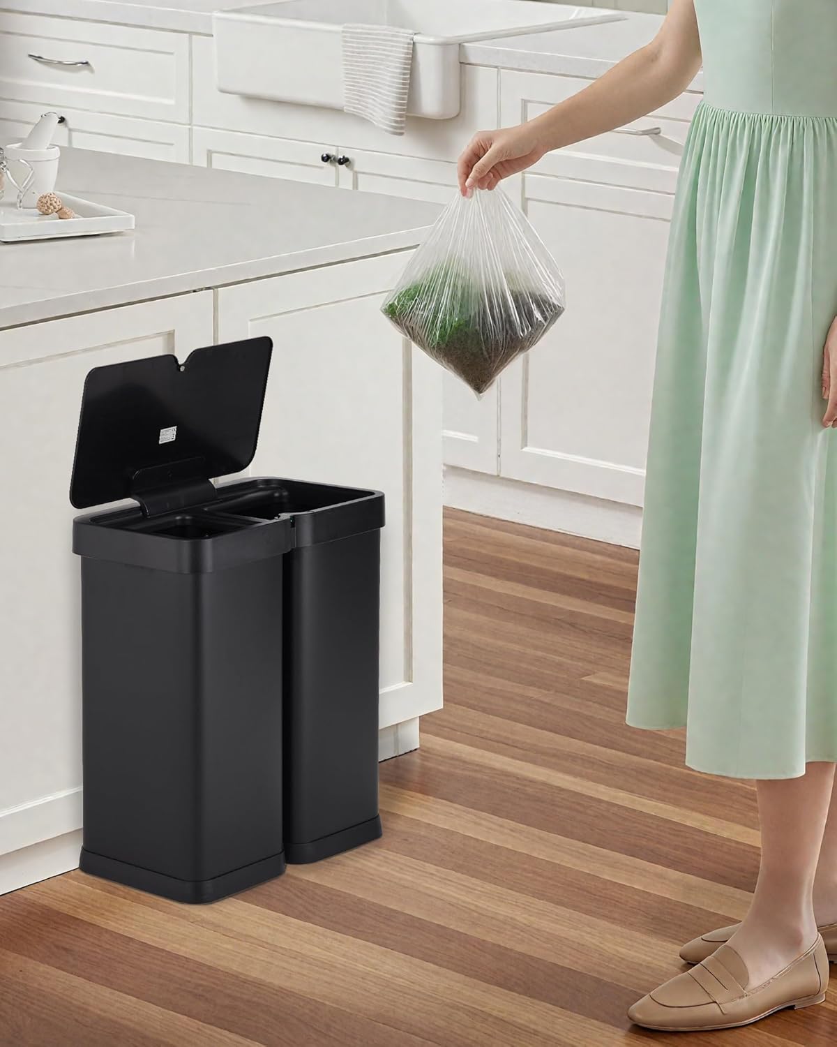 15.8 Gallon Touchless Stainless Steel Dual Compartment Trash Can - Automatic Motion Sensor Recycling Bin with Separated Baskets for Kitchen, Black & Brushed Finish