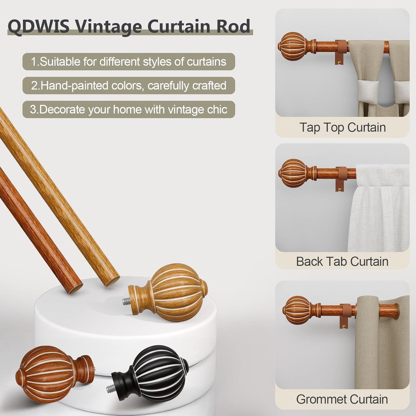 2 Pack Reddish-Brown Wood Curtain Rods for Windows 28 to 48 Inch, 1'' Adjustable Heavy Duty Curtain Rod,Vintage Imitation Wood Decorative Drapery Rods with Pumpkin Finials for Living Room