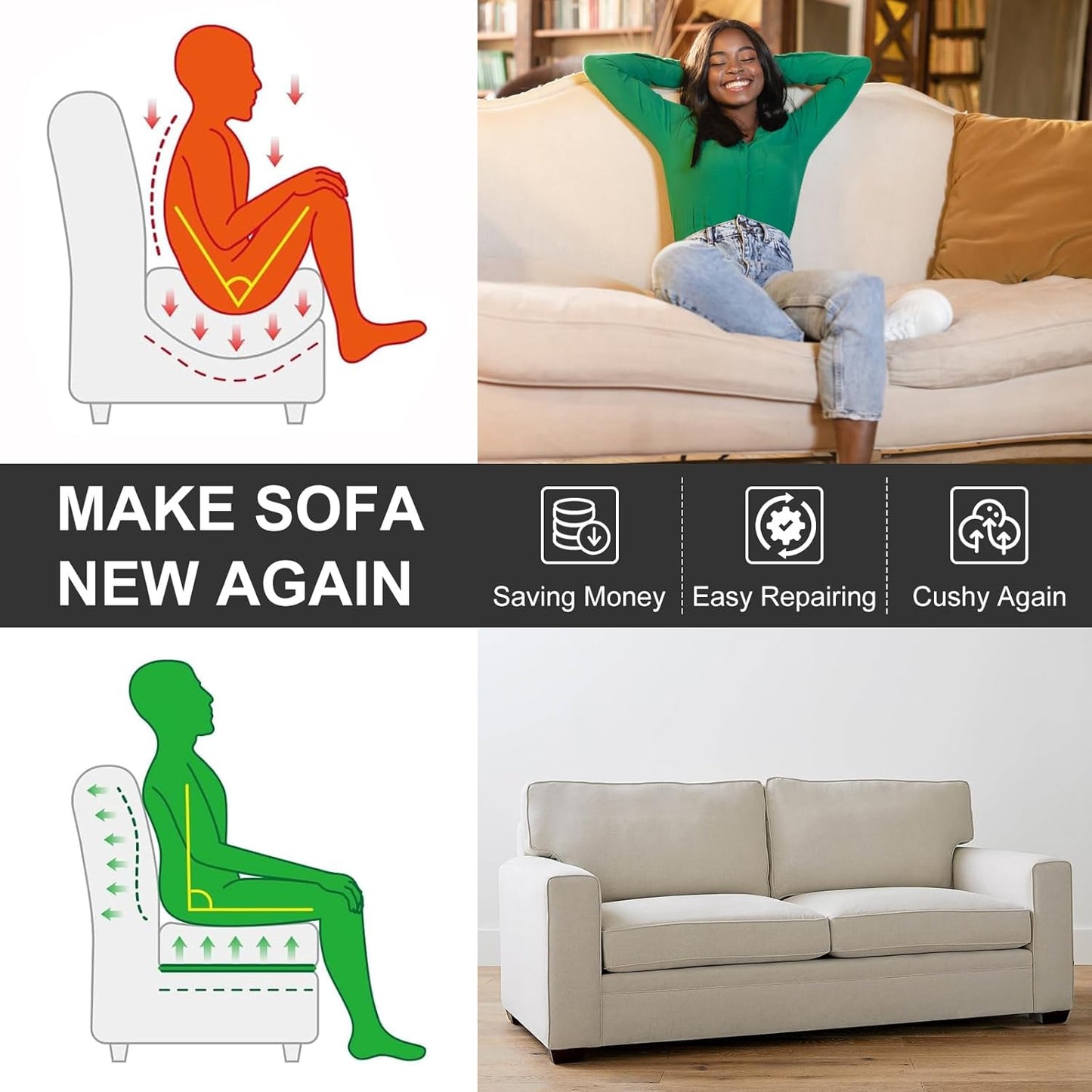 HAVARGO Couch Cushion Support for Loveseat Sofa High Density Foam 44"x20" Inches Sofa Couch Supports for Sagging Cushions Light Grey 1PC with Anti Slip Mesh Fabric