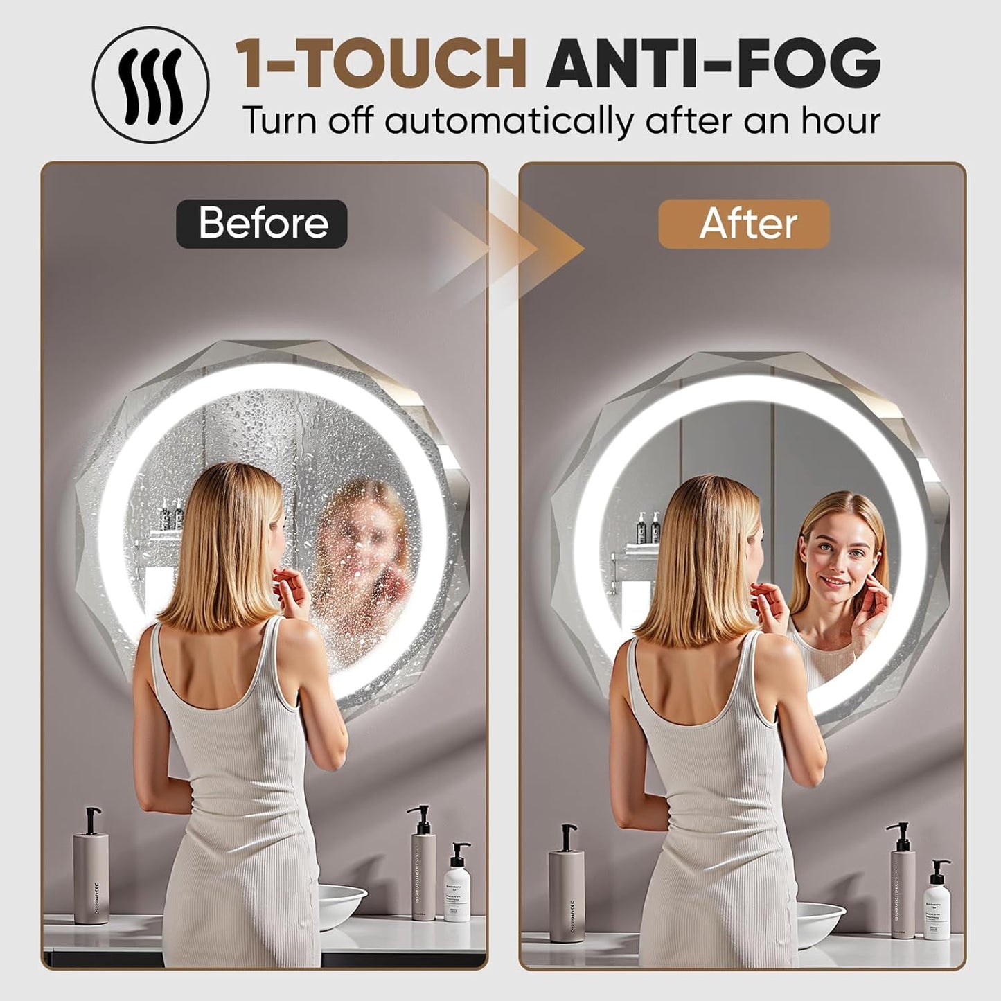 24 Inch Round LED Bathroom Mirror with Lights, Frameless Vanity LED Mirror for Bathroom with Beveled Edge, Backlit Anti-Fog, Dimmable, 3 Colors, Memory Function, Tempered Glass, Shatter-Proof