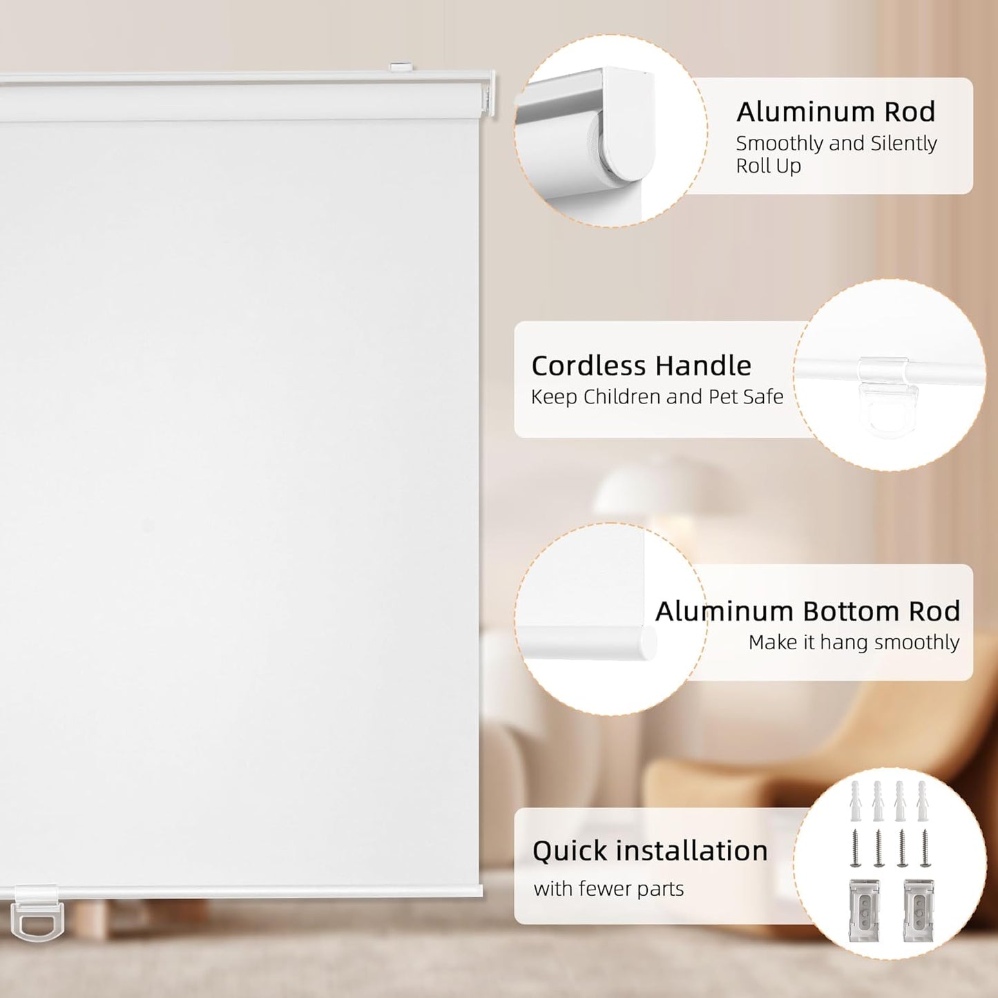ChrisDowa Cordless Blackout Roller Shades for Windows, Thermal Insulated UV Protection Pull Down Shades, Total Blackout Window Blinds for Home, Office, Bedroom, Door (24" W x 72" H, White)