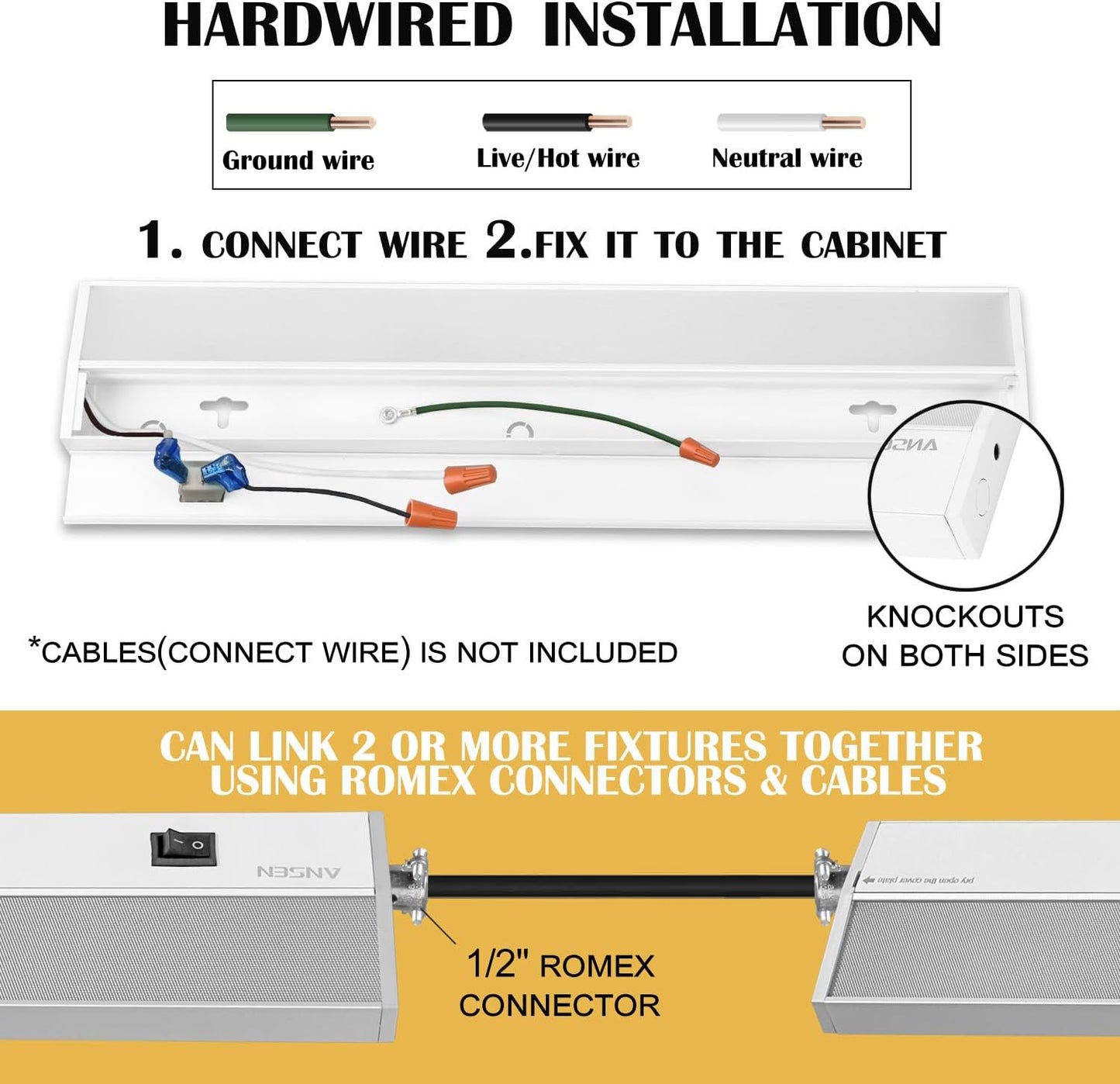 Ansen Hardwired Under Cabinet Lighting, 18inch 15W LED Light for Kitchen/Closet, 998.4lm, CRI>92, R9>90, Dimmable, 3 Color Temperature, 3000K/4000K/5000K(Warm White, Cool White, Daylight)