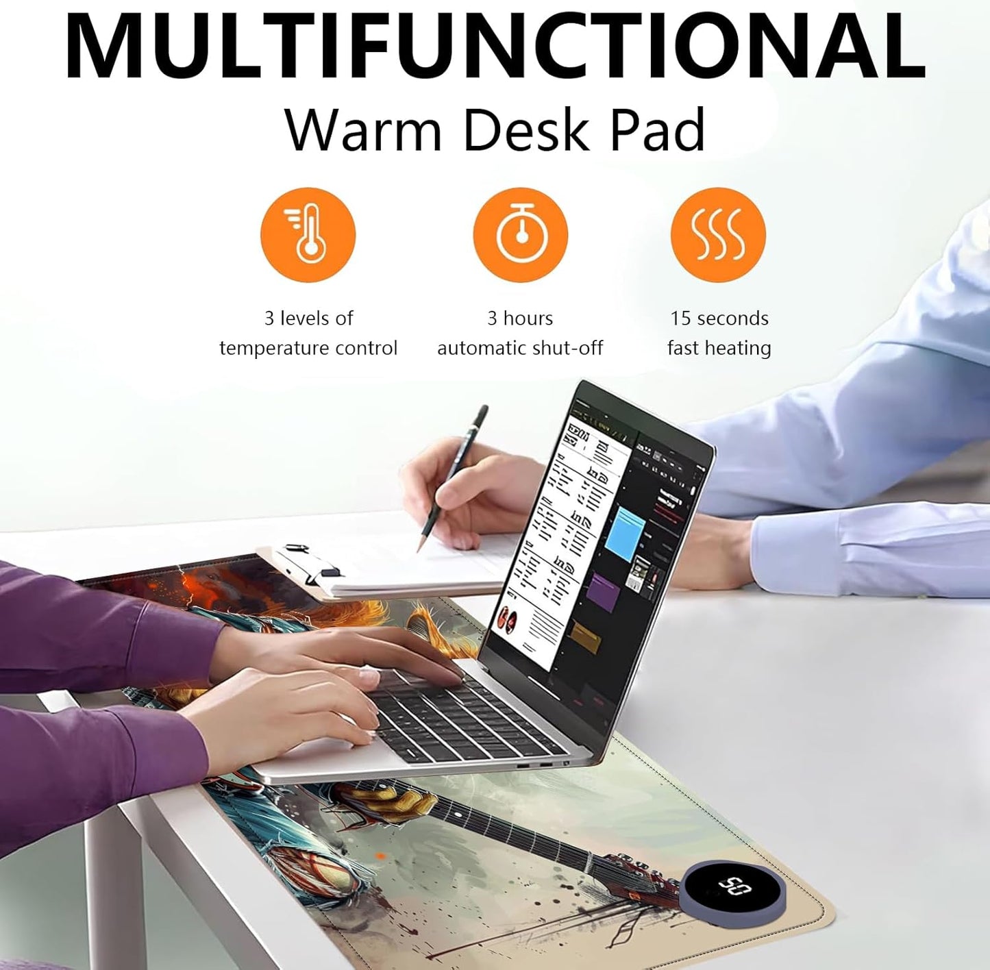 Heated Mouse Pad with 3 Levels Heated & 3 Hours Auto Shut-Off Mouse Pad for Warming Hands in Office Home, 23.6" x 14.2"Large Safe Desk Mat Hand Warmer,Cat Playing Guitar