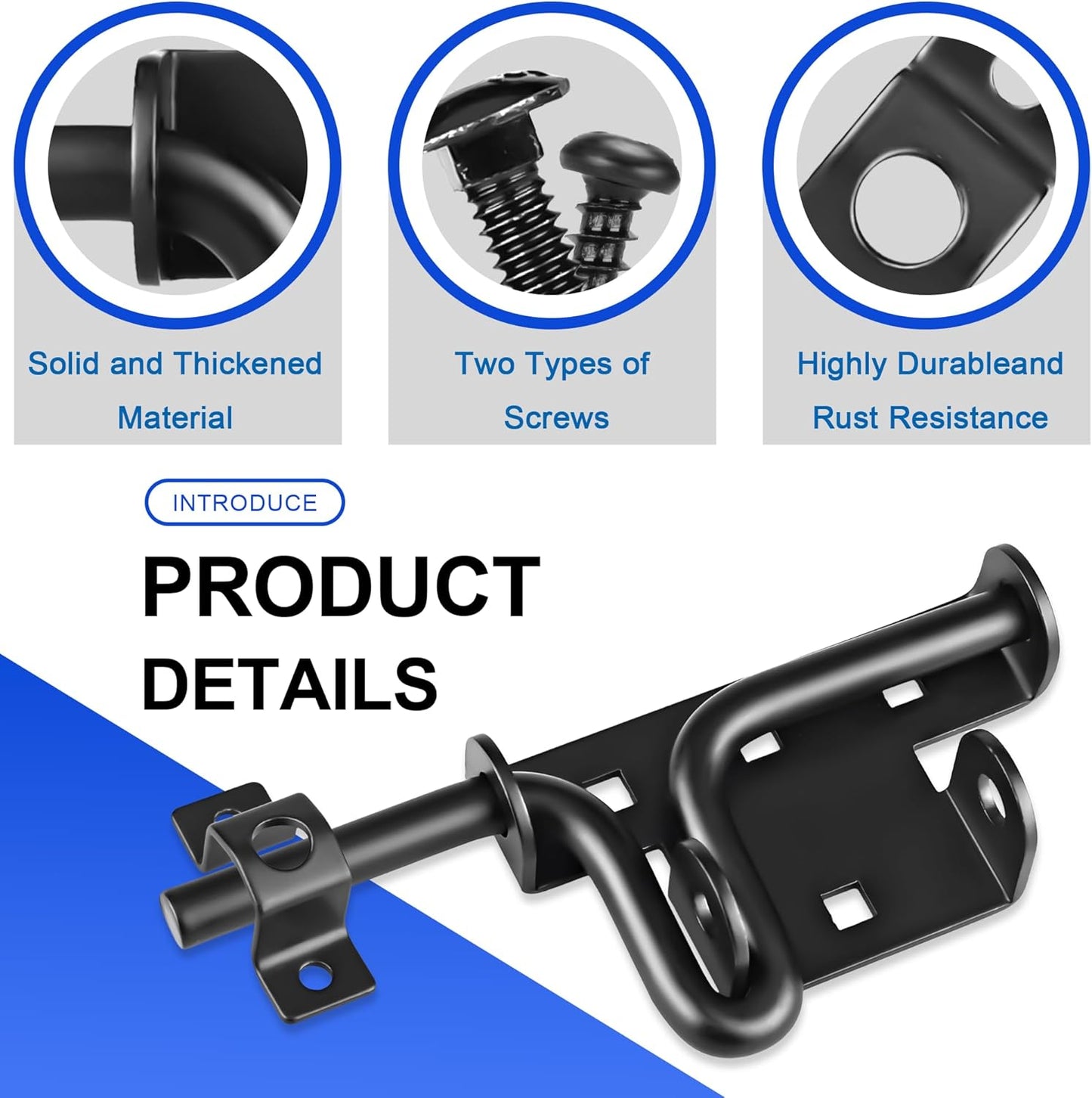 Heavy Duty Slide Bolt Gate Latch with Padlock Hole - Universal Security Lock for Wooden Fence, Metal Gate, Shed Door, Yard Barn, Vinyl Sliding Door - Out/Indoor Waterproof Door Latch, Black