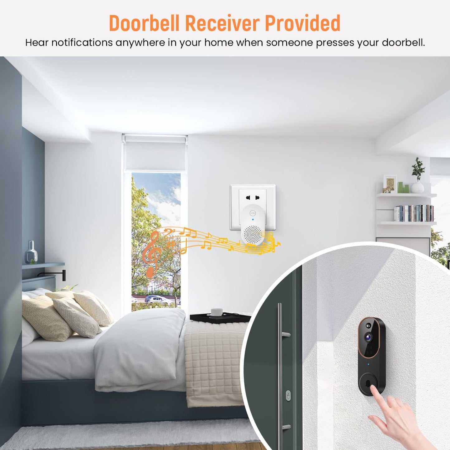 1080p Wireless Video Doorbell Camera, AI Human Detection, Live View, Night Vision, Cloud Storage, 2.4G WiFi, Battery Powered, Indoor Outdoor Surveillance (Comes with Doorbell Receiver)