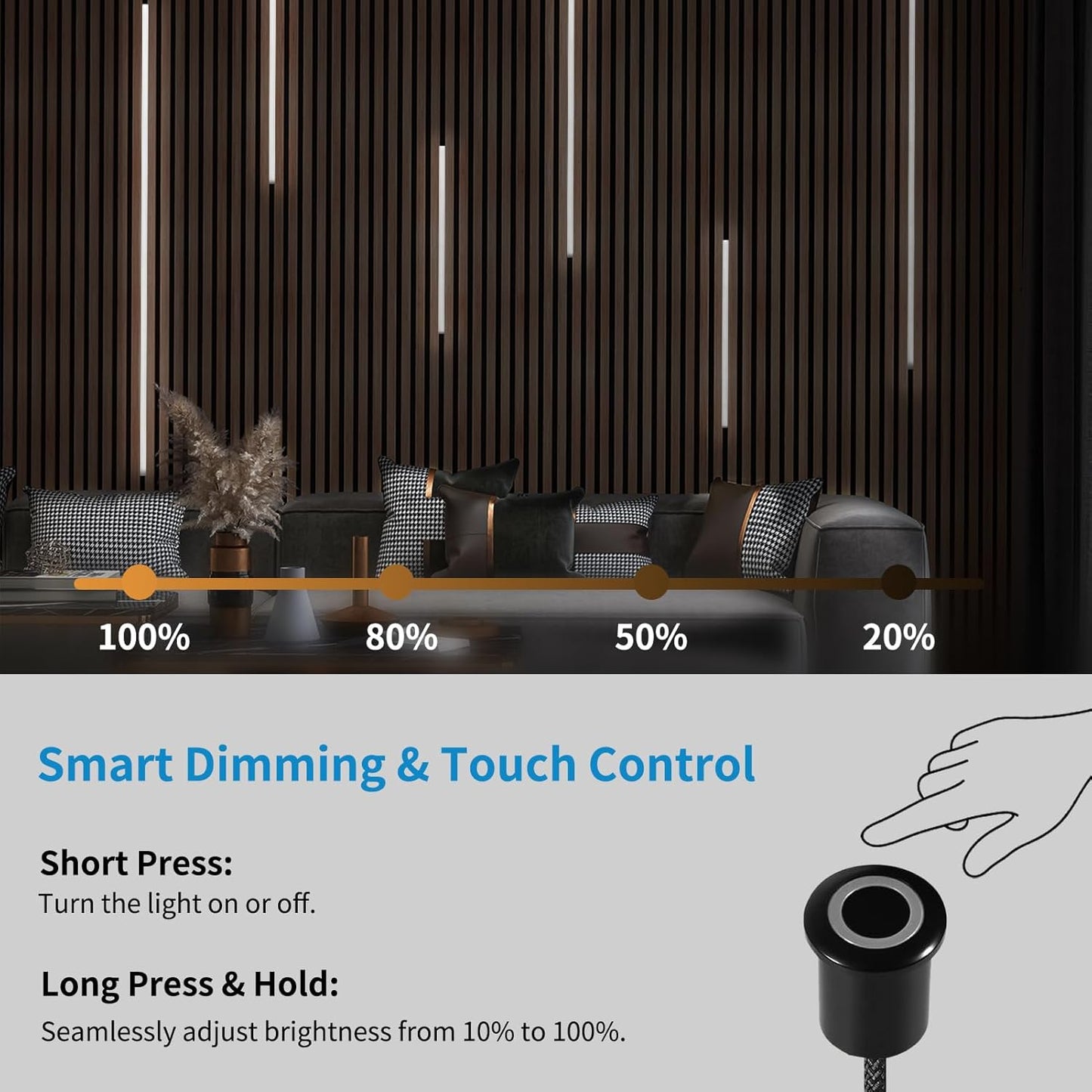 Art3d LED Recessed Lighting Kit - 6pcs Self-Adhesive White LED Light with Smart Switch, 3000k Touching Switch Light for Wood Slat Wall Panels, Headboards, Stairs, Under Cabinet, Home Decor