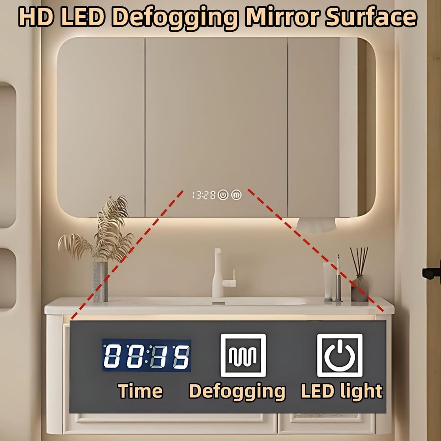 64IN Wall Mounted Bathroom Vanity Set - Wood Bathroom Vanities has Tissue Hole Design | Includes Smart Defogging Mirror Cabinet & Time Display, Rounded Corners, Glass Cabinet Doors (Style A)