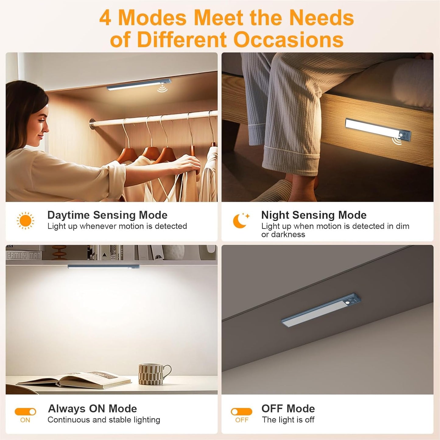 Gritin 10.2inch Under Cabinet Lighting Rechargeable -84 LED Super Bright,3-Color& 5 Level Brightness,4 Modes,Motion Sensor, Long Lasting- Easy Installation Magnetic Closet Lights -2 Pack-Sea Blue