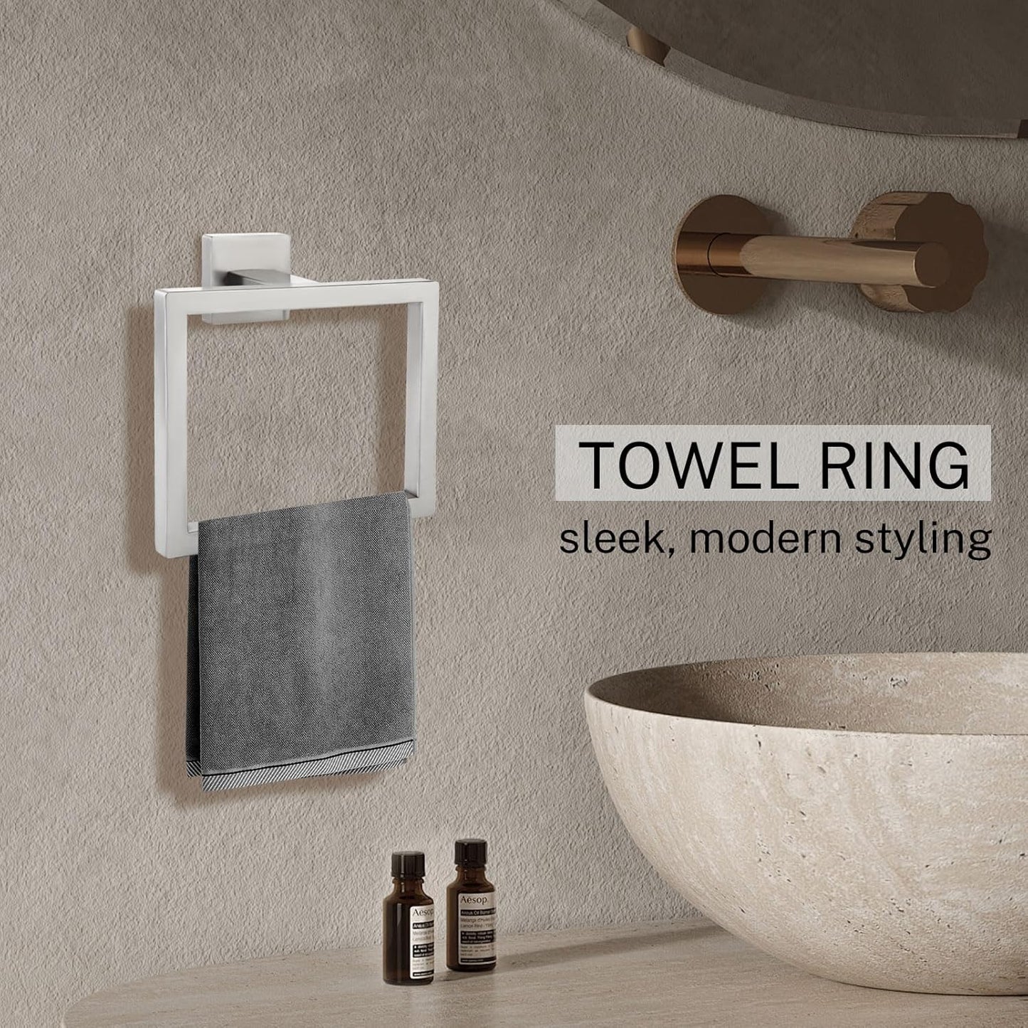 2-Piece Brushed Nickel Square Towel Ring,Modern Hand Towel Holder for Bathroom,Stainless Steel Towel Hangers Wall-Mounted Towel Rack