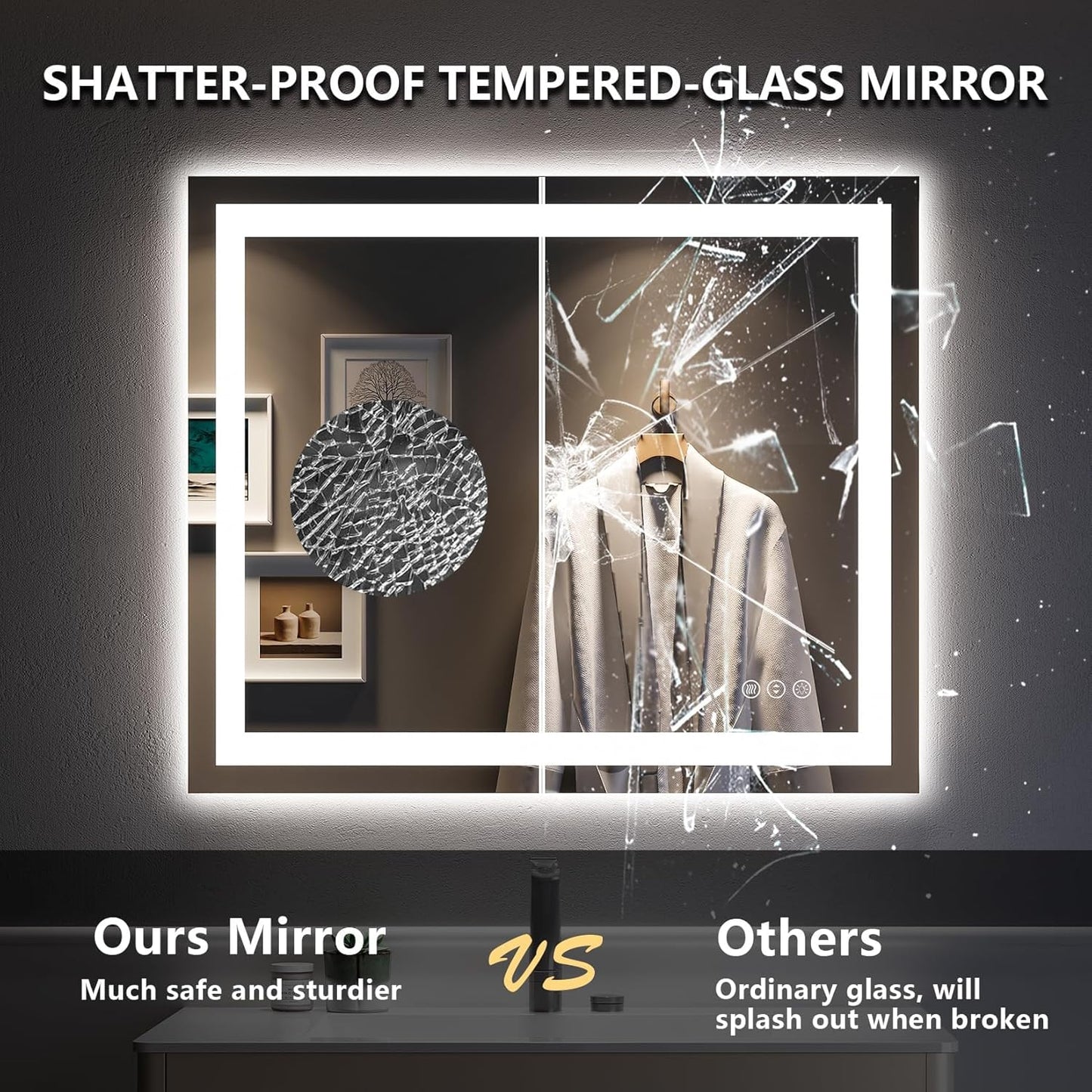 28x36 Inch LED Bathroom Mirror with Lights Front and Backlit Lighted Vanity Mirror for Bathroom Wall with 3 Colors Dimmable Anti-Fog Memory Shatter-Proof IP54 Waterproof Horizontal/Vertical