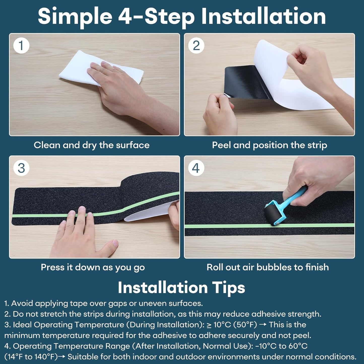 10 Pack 4” x 24” Anti Slip Traction Treads with Glow in The Dark Stripe, Outdoor Waterproof Non Skid Pre-Cut Tape with Roller, High Traction Friction Abrasive Adhesive for Stairs Step