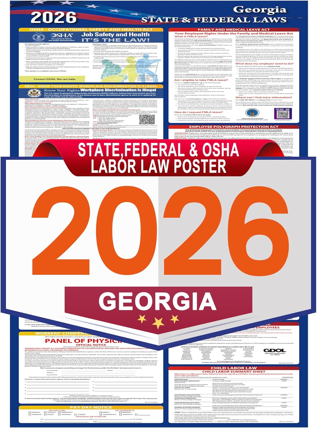 2026 Georgia (GA) State Labor Law Poster,Federal and OSHA Compliant Laminated Poster,Workplace Required Posting for Employees