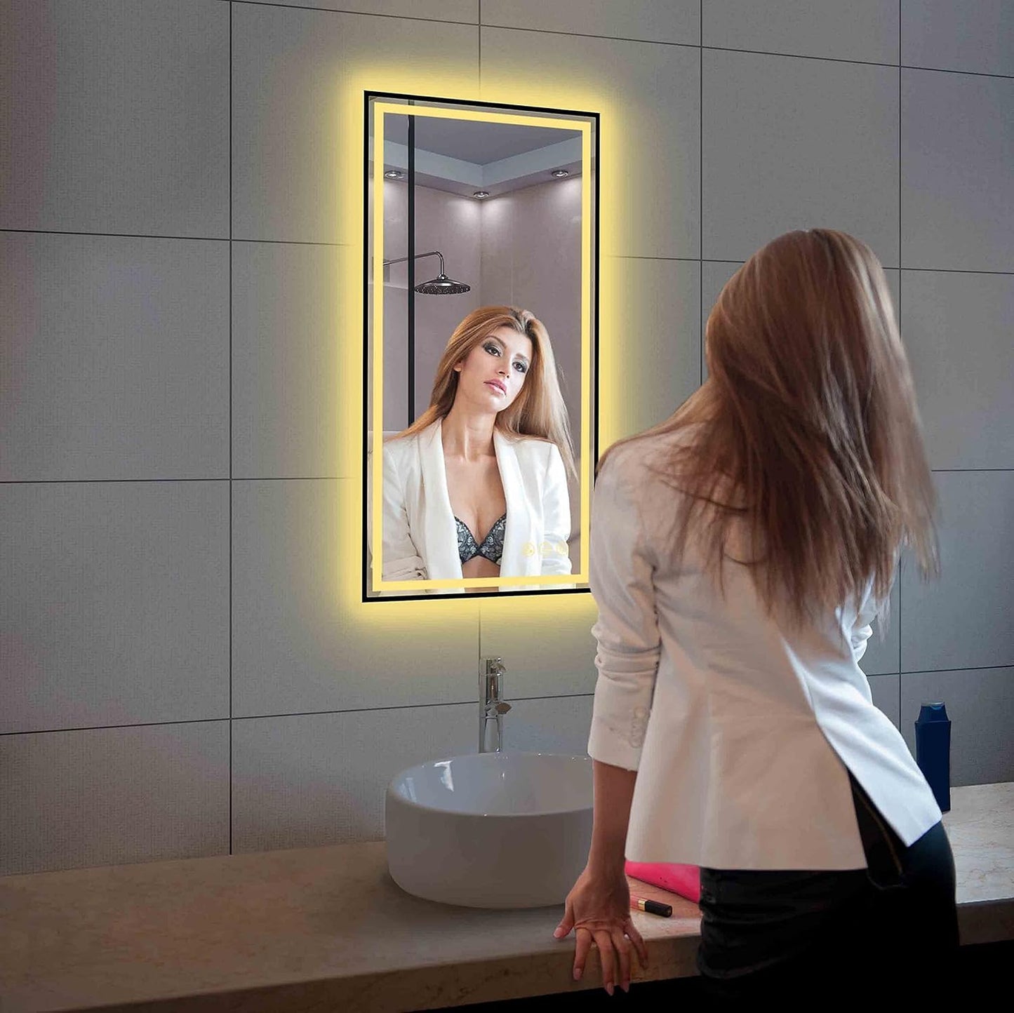 18x36 Inch LED Bathroom Mirror with Matte Black Frame| Wall Mounted Backlit Vanity Mirror with Lights | Anti-Fog, 3 Color Dimmable Smart Bathroom LED Mirror | Frame Vanity Mirror for Makeup