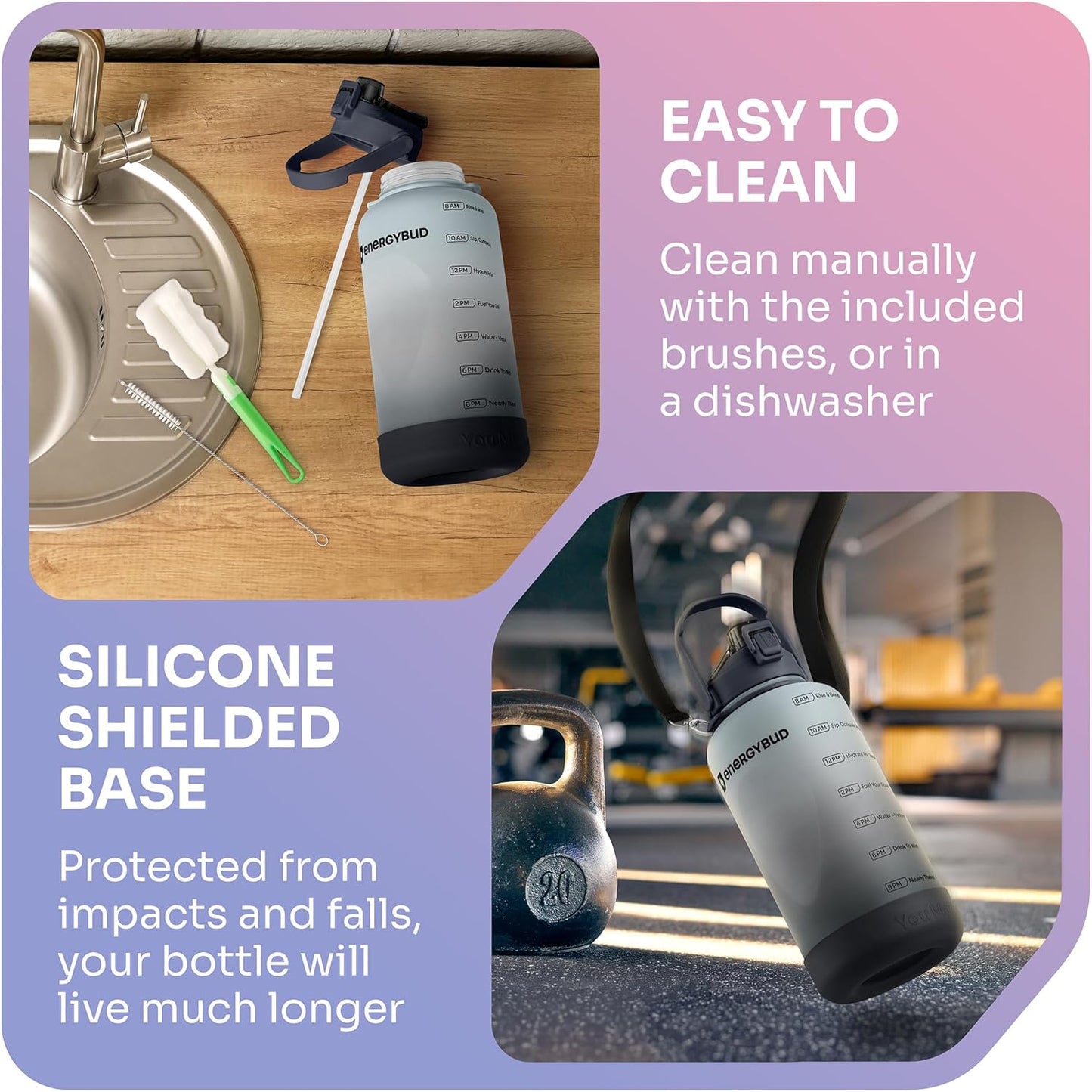 1 Gallon Water Bottle With Straw Dishwasher-Safe BPS & BPA Free, 2 Cleaning Brush Motivational 128oz Water Jug with Time Markers, Wide-Mouth Tritan, Gym & Exercise Equipment(Clear & Black)