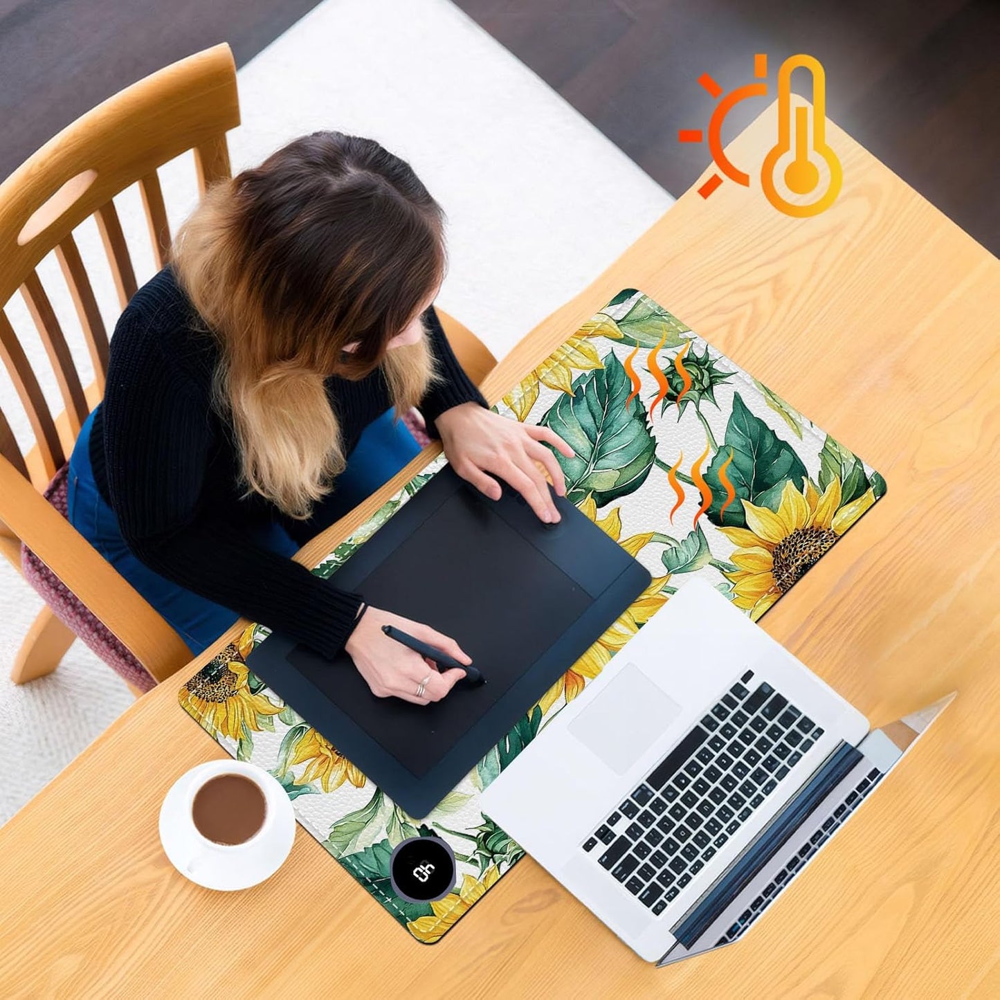 Heated Mouse Pad, Warm Desk Pad, Keyboard Mat 23.6 x 14 Inch Large Size Intelligent Fast Heating, 3 Speed Adjustable, Timed Auto Power Off for Game Office Home, Blooming Sunflowers