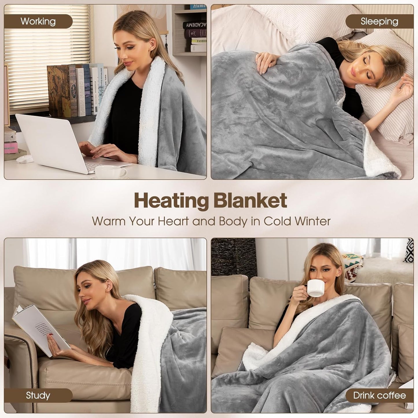 Heated Blanket Electric Queen Size 84"X90",Electric Blanket with 6 Heat Settings & 1-10 Hours Time Settings Auto-Off,Machine Washable Heating Blanket for Home and Office (Gray)