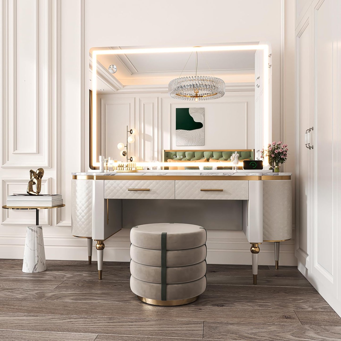 Hasipu Vanity Mirror with Lights, 50.2" x 34" LED Makeup Mirror, Lighted Makeup Mirror with Dimmable 3 Modes, Touch Screen Control Vanity Mirror Round White