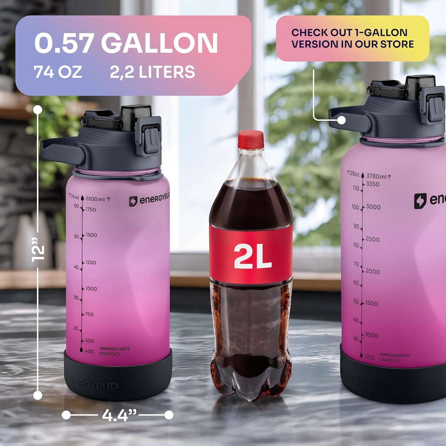 1/2 Gallon Water Bottle with 74.3 oz Capacity - Motivational Time Markers for Daily Hydration Goals - Leakproof BPA Free Tritan with Removable Straw