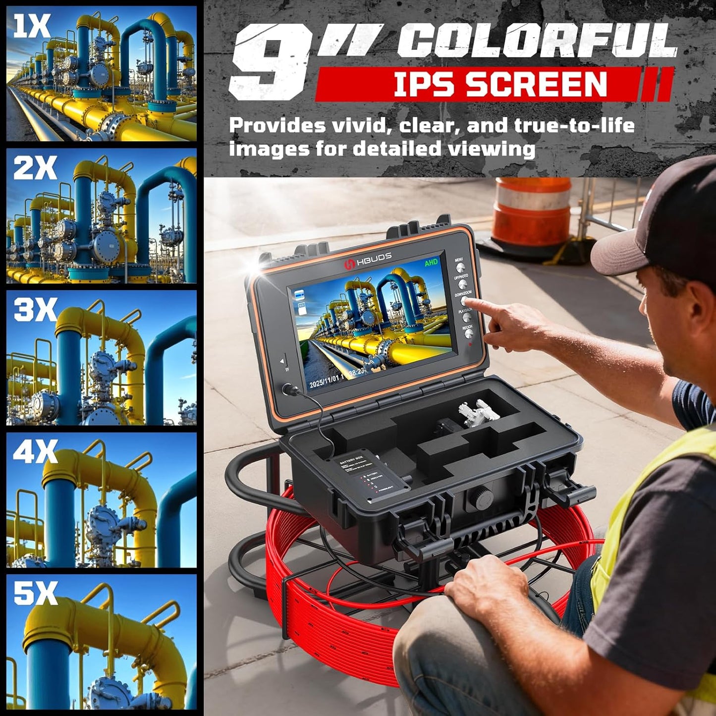 Sewer Camera, Self Leveling Drain Camera 200ft with Meter Counter, 7mm Thick Cable, 9" HD Screen 1080P Plumbing Cameras Snake with Light, 5100mAh Battery Duct Pipe Video Inspection Cam DVR 32GB